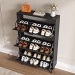 BORNOON Shoe Cabinet for Entryway with 3 Flip Drawers, Slim Wooden Shoe Storage Organizer with Modern Fluted Pannel,Freestanding Narrow Hidden Shoe Rack for Hallway, Foyer, Living Room