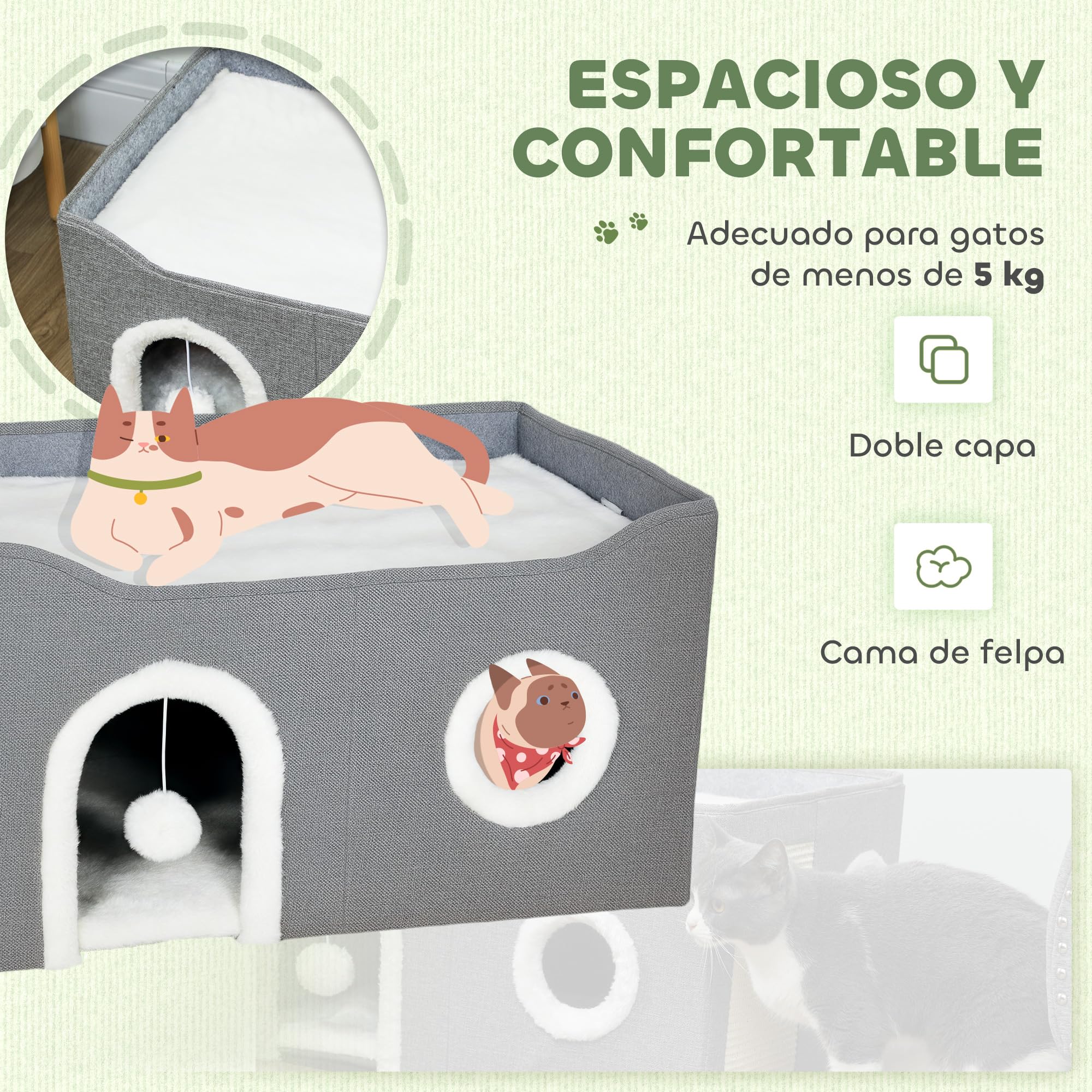 PawHut Casa para Gatos Plegable, Cama para Gatos con Rascador, 3 Entradas, Bola Colgante, Cojín Reversible en Felpa y Tipo Lino, para Interior, 60x40x34 cm, Gris