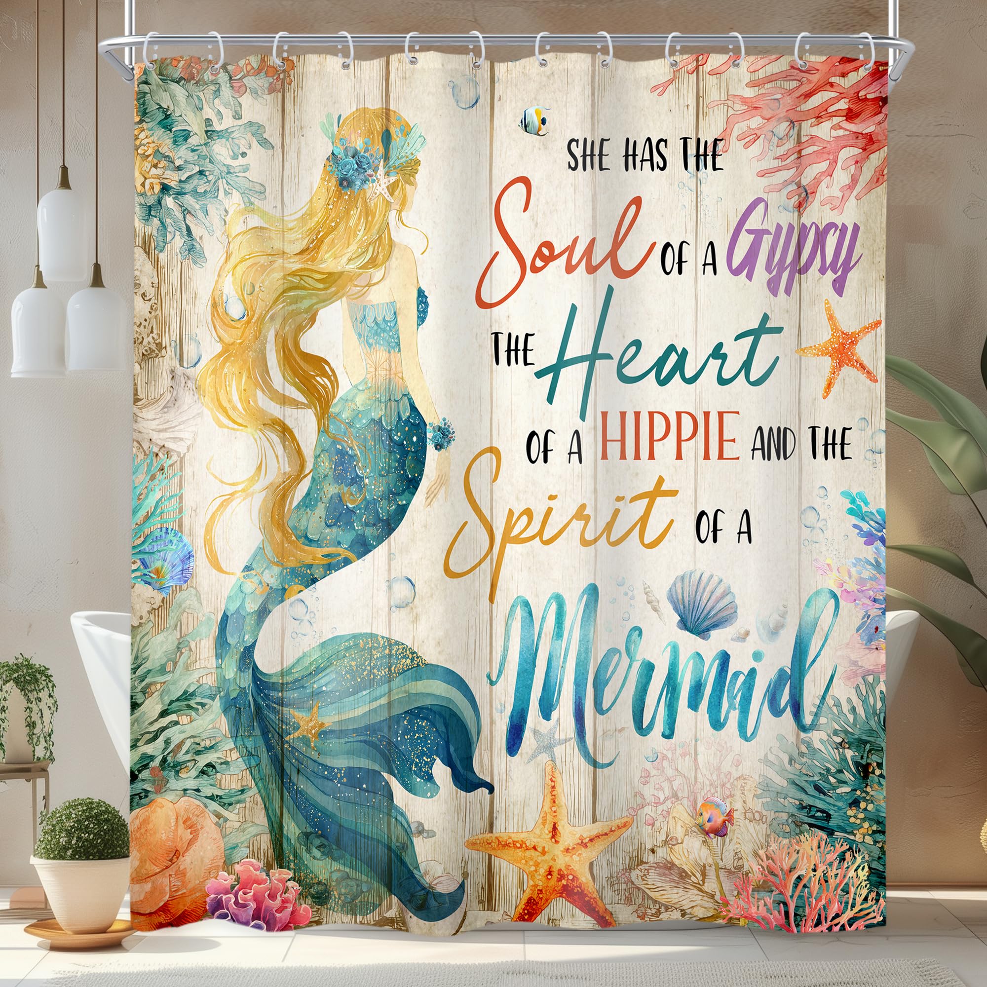 Newsely B-05Mermaid Retro Mermaid Bible Verse Shower Curtain 72Wx72l Inch Scripture Quote Sea Ocean Colorful Coral Starfish Seashell Bathroom Set Nautical Waterproof Bath Decoration Accessories Home Decor