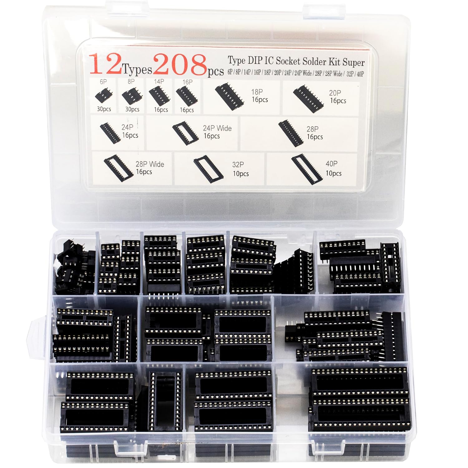 208pcs 12 Values DIP IC Socket Assortment Kit 2.54mm 0.1" Pitch 6 8 14 16 18 20 24 24Wide 28 28Wide 32Wide 40 Pins