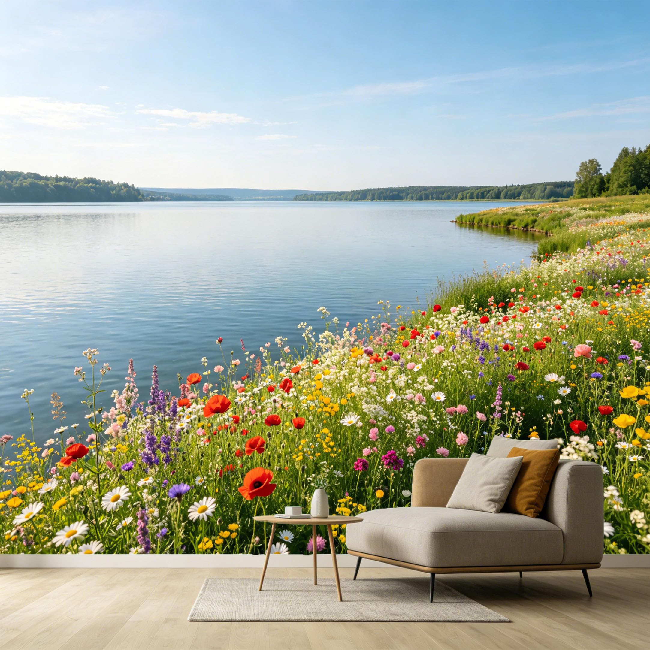 Custom Size Wall Murals Lake Landscape Botanical Wildflower Meadow Nature Scenery SelfAdhesive Wall Fabric Removable Large Wallpaper for Photo Living Room