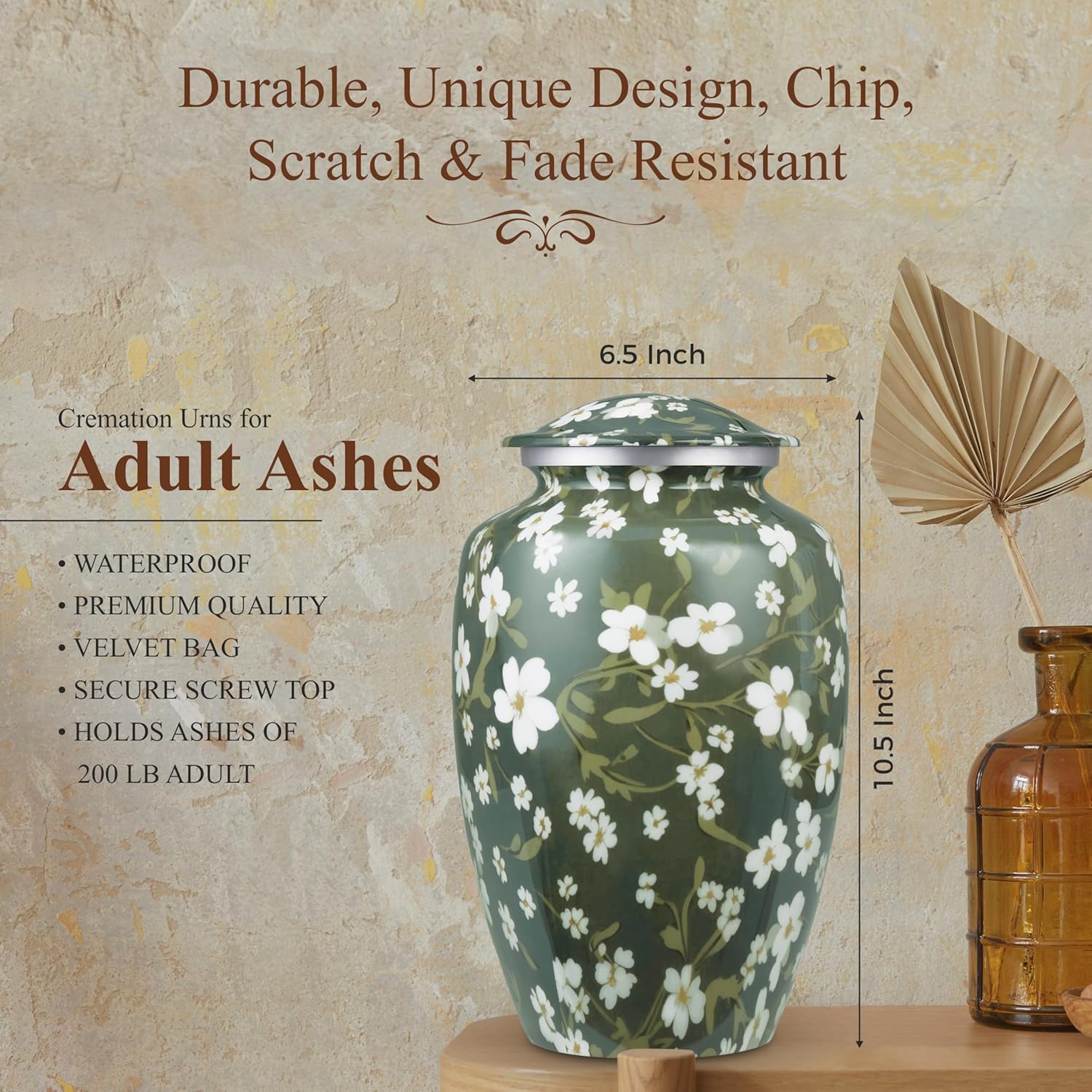 Cremation Urn for Ashes for Women with White Floral Design - 200 cu in Funeral Urns for Men and Women, Decorative Urns for Human Ashes Adult Female