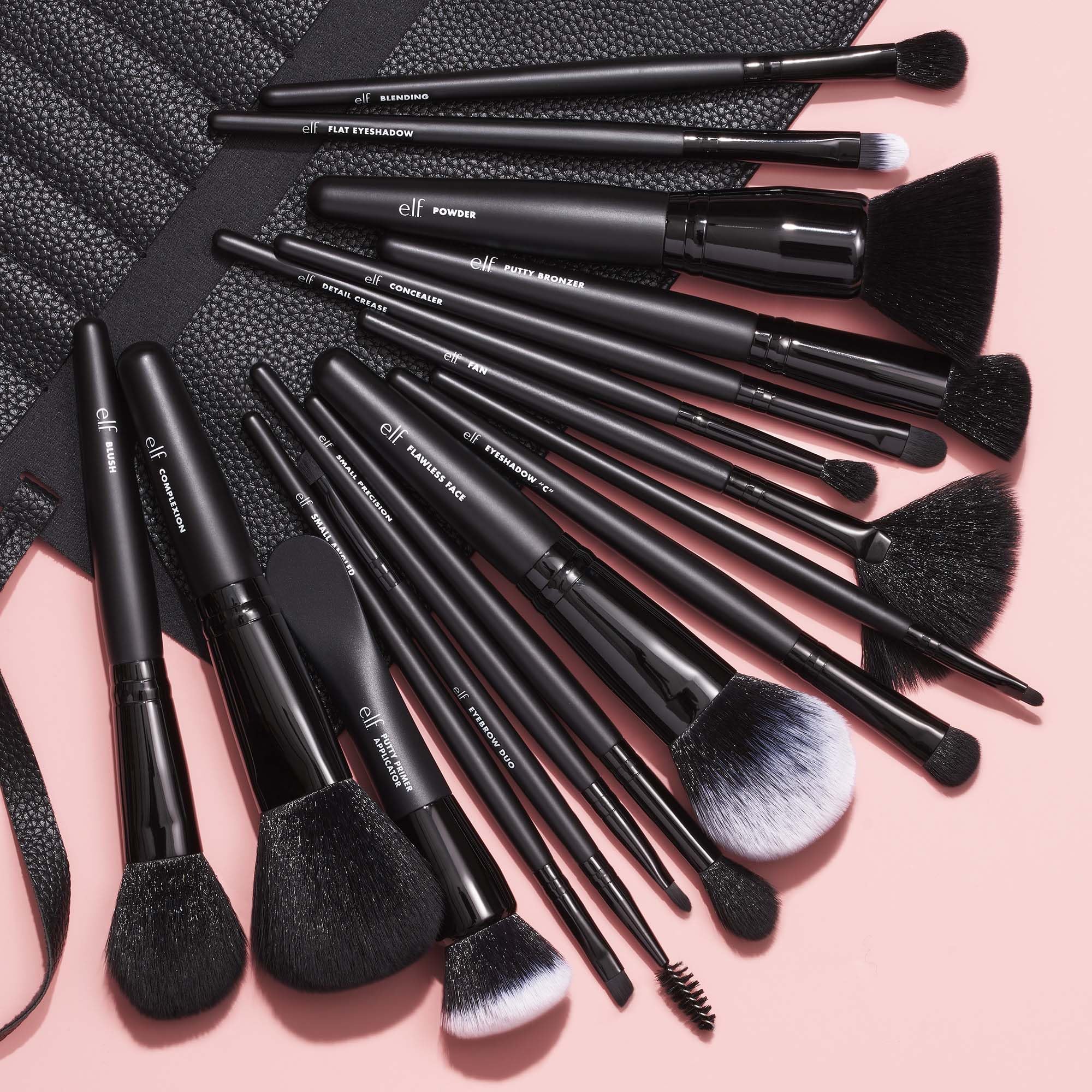 e.l.f. Ultimate Makeup Brush Set & Travel Roll, set di 17 pennelli, per ombretto, fondotinta, polvere, correttore e altro, prodotto vegano e non testato sugli animali