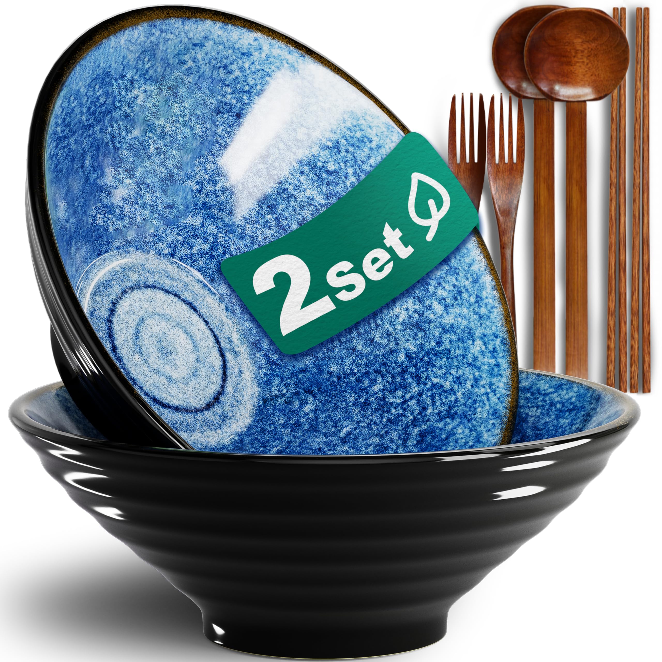 8 Pollici 2 Set Ceramica Ramen Ciotole(8 Pezzi) - Porcellana Giapponese Lavastoviglie Microonde Insalata Pasta Zuppa Grandi Ciotole Con Bacchette Forchette Cucchiai Per Uomini Donne Regalo Della Casa