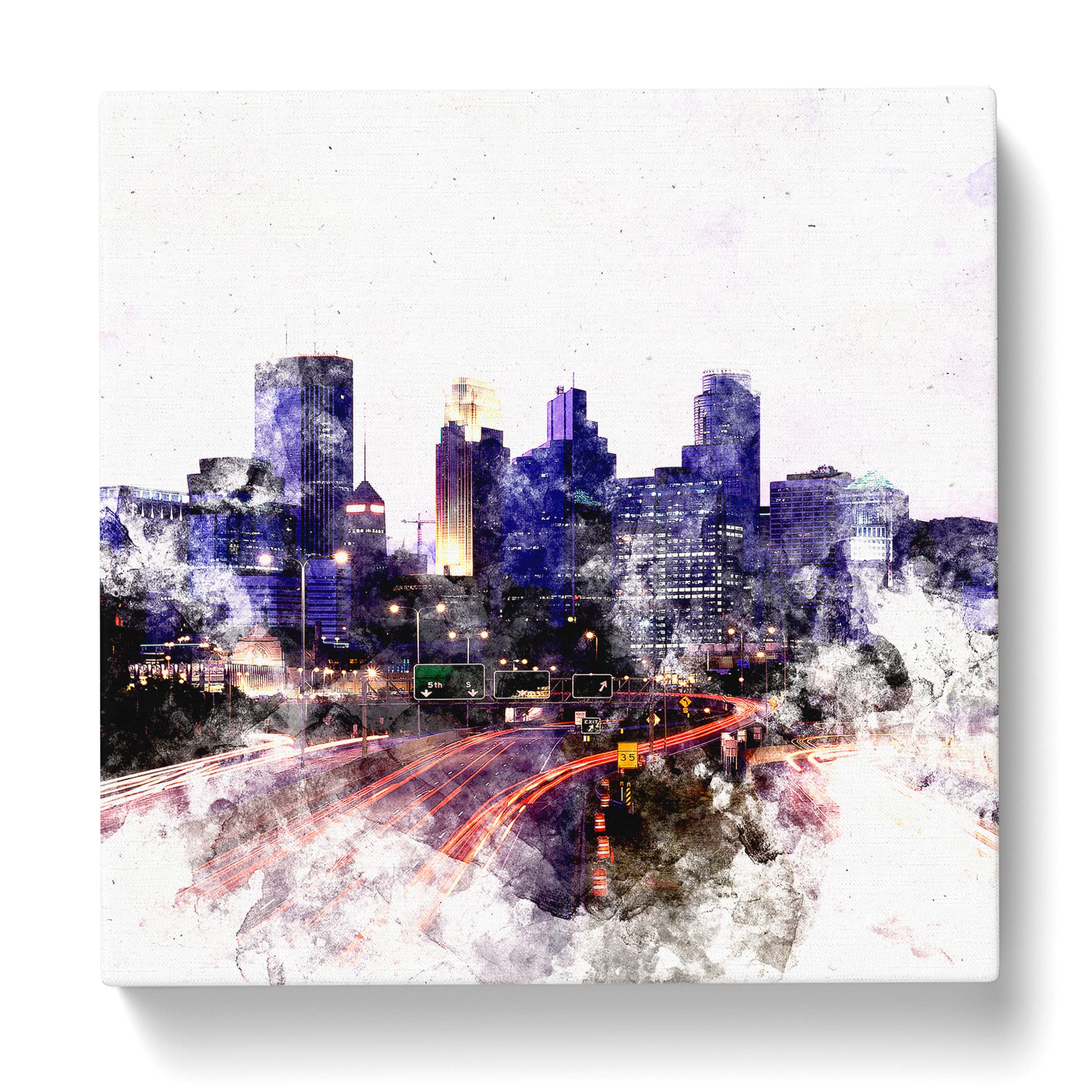 Minneapolis Skyline at Dusk Watercolour Canvas Print, Mixed, 35L x 35W cm - Image 2
