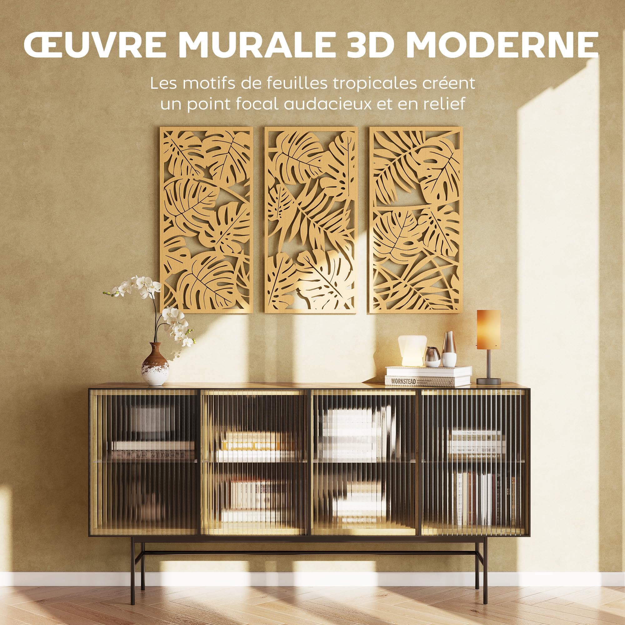 HOMCOM Set di 3 decorazioni da parete in legno 3D, 40 x 80 cm, legno naturale | Foglie tropicali, decorazione da parete moderna da appendere, per soggiorno, camera da letto, corridoio o ufficio