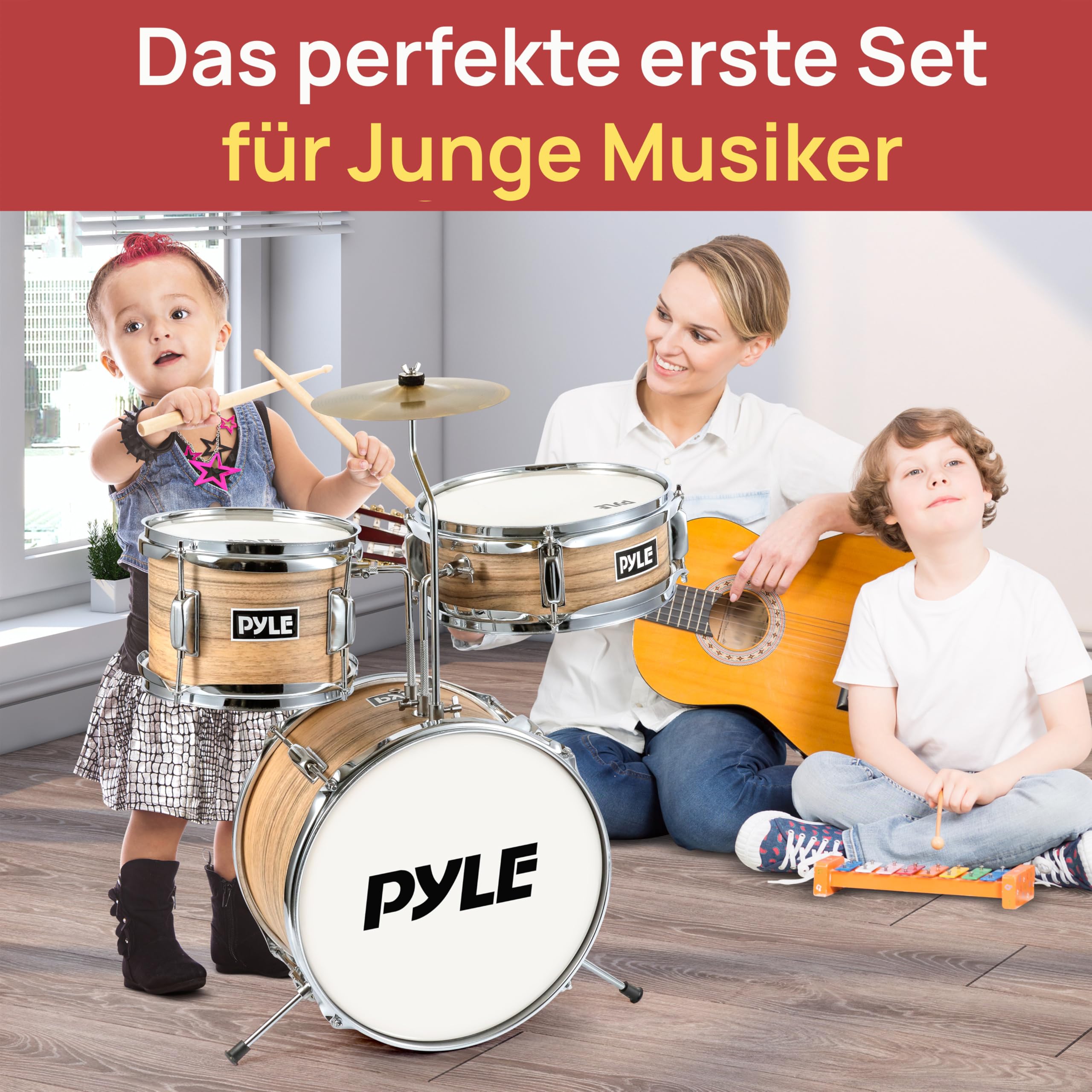 Pyle Kinder Schlagzeug Set – 5-teiliges Drum Kit mit Hocker & Basspedal | Für Kinder 3–12 Jahre, inkl. Bass Drum, Snare Drum, Drumsticks, Dämpfer & Zubehör – Einsteiger Percussion Set