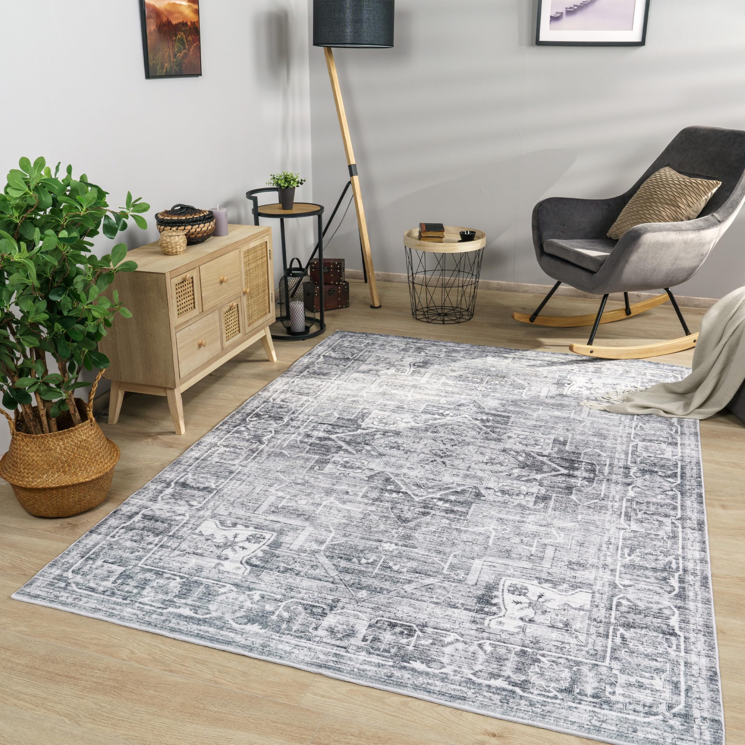 paco home area rug modern oriental design in vintage look in grey, size: 7'10" x 11'2"