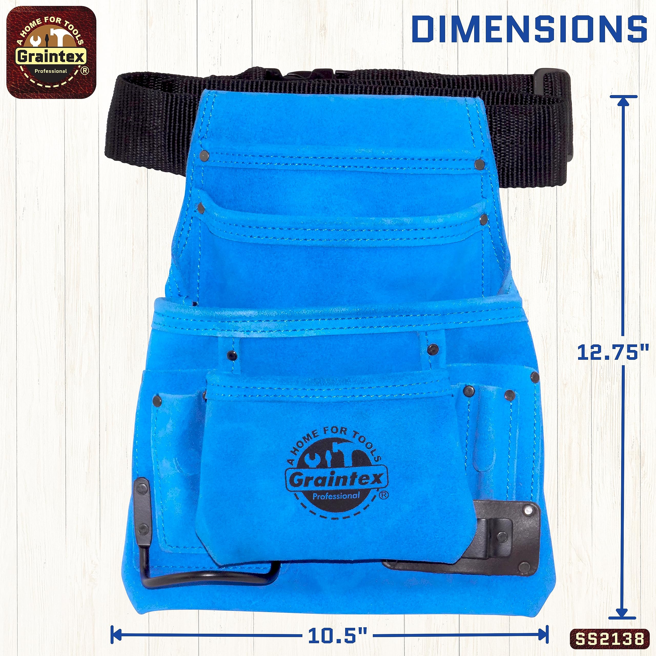 Graintex SS2138 10 Bolsillos Azul Color Suede Cuero Clavo & Herramienta Bolsillo con Cinturón Web de 5 cm Hebilla de PVC de liberación rápida