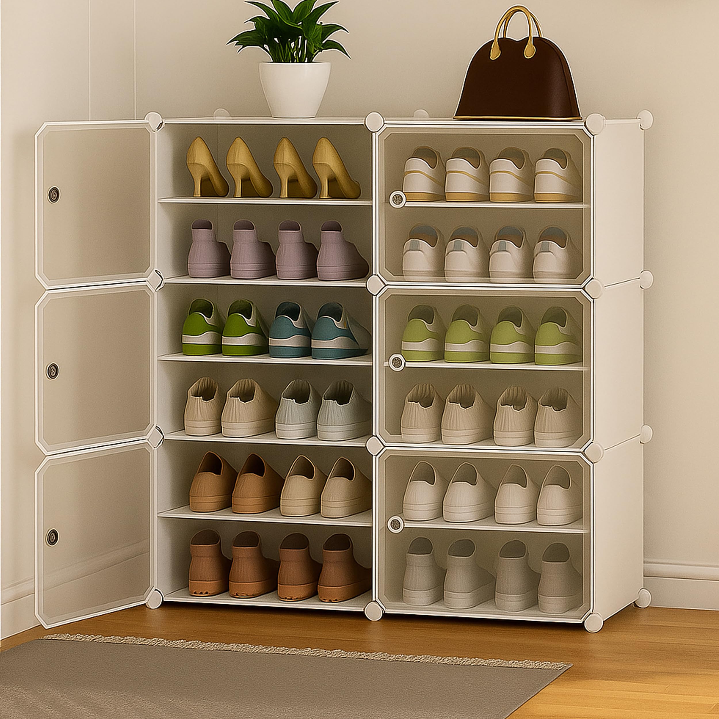 Zemic Multiuse Modular Plastic Shoe Rack for Home with Door | 𝟏𝟐 𝐒𝐡𝐞𝐥𝐟 Stackable Organizer | Waterproof & Dustproof | Space Saving Storage for Home, Bedroom & Entryway【White, 6-Door-12-Shelf】-image-10