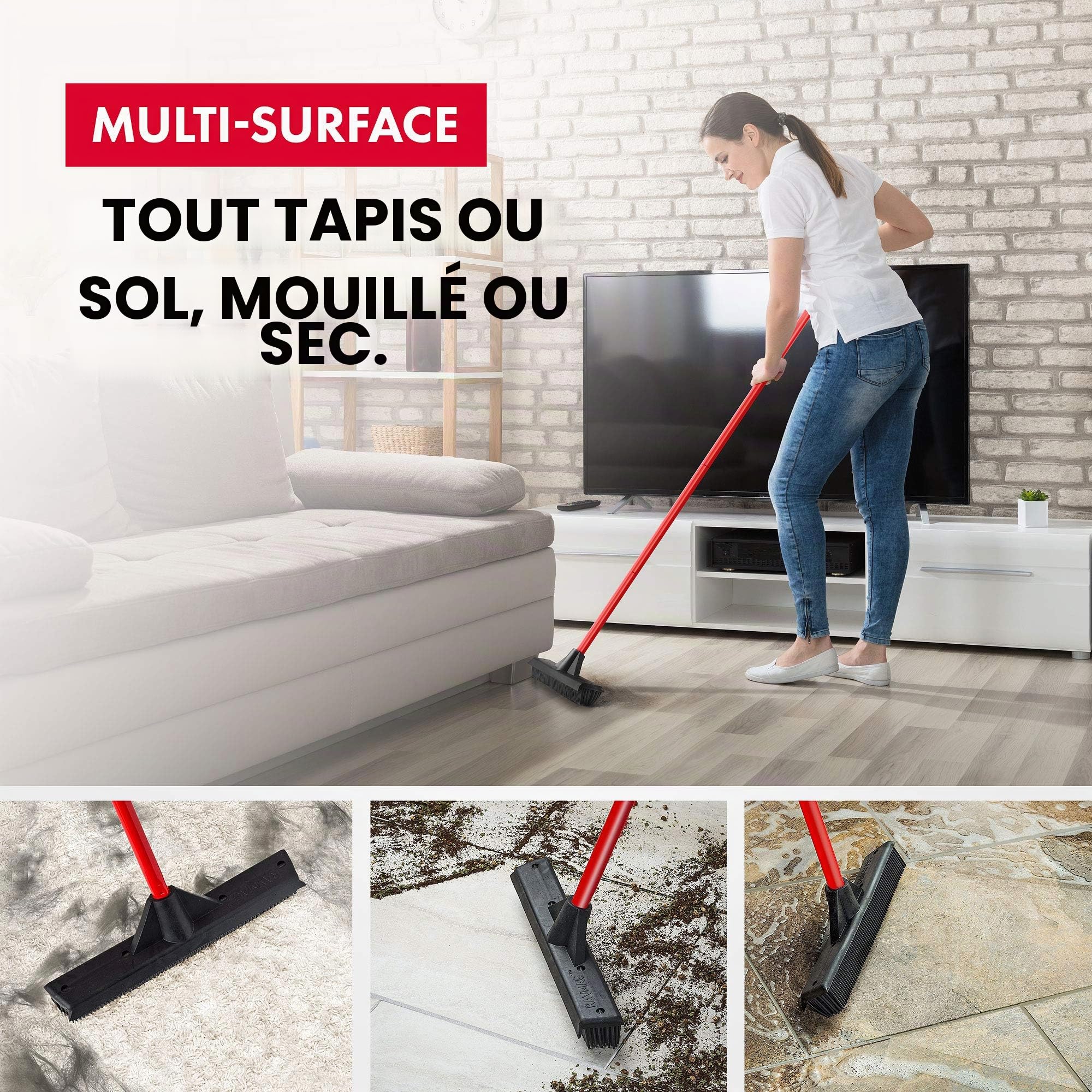 Tyroler Balai Caoutchouc & Raclette Sol | Tête De 33 cm Balai Bross Poils Animaux | Manche Anti-Rouille en 4 Parties de 140 cm pour Balais Coiffeur Caoutchouc Professionnel | Balais Nettoyer Sol