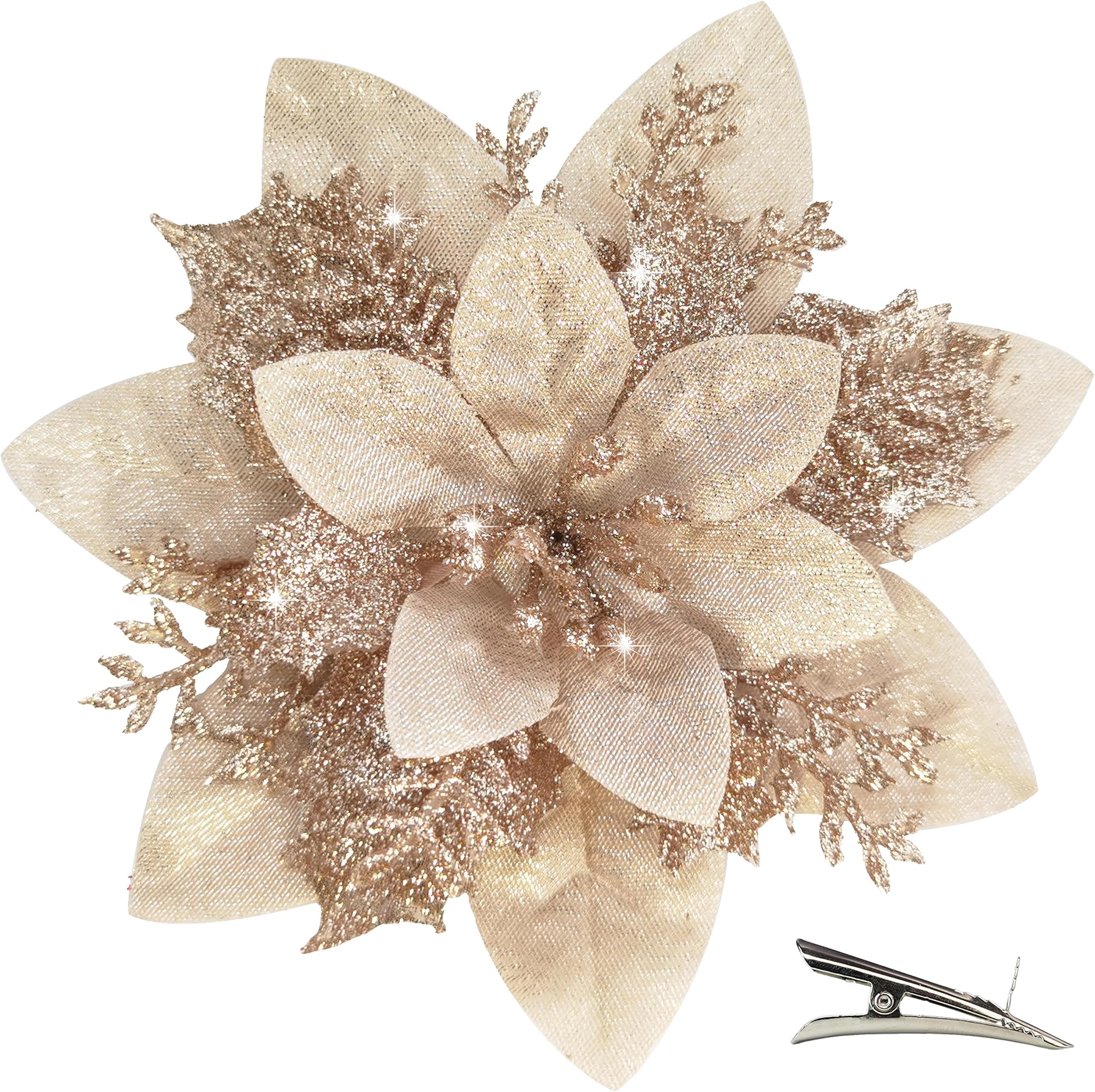 20PCS Christmas Flowers Artificial with Clip, Christmas Poinsettia Flowers with Glitter Powder Decorations for Christmas Tree Garland Christmas Wreath Indoor Decorations (Champagne)