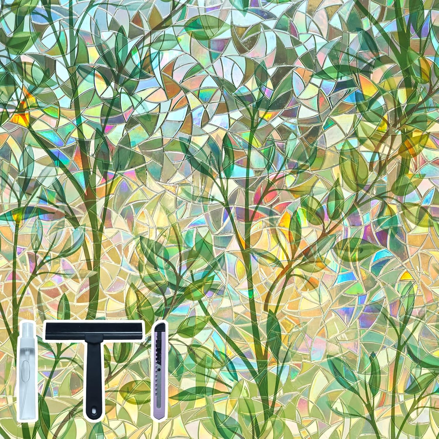 Stained Glass Window Privacy Film Decorative Rainbow Effect Static Cling Removable UV Blocking Heat Control Window Tint for Glass Doors and Windows 35.4 x 157.4 Inches