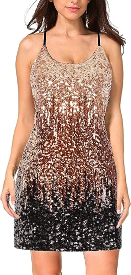 MANER Women's Glitter Sequin Dress Adjustable Spaghetti Strap Sparkle Party Dresses