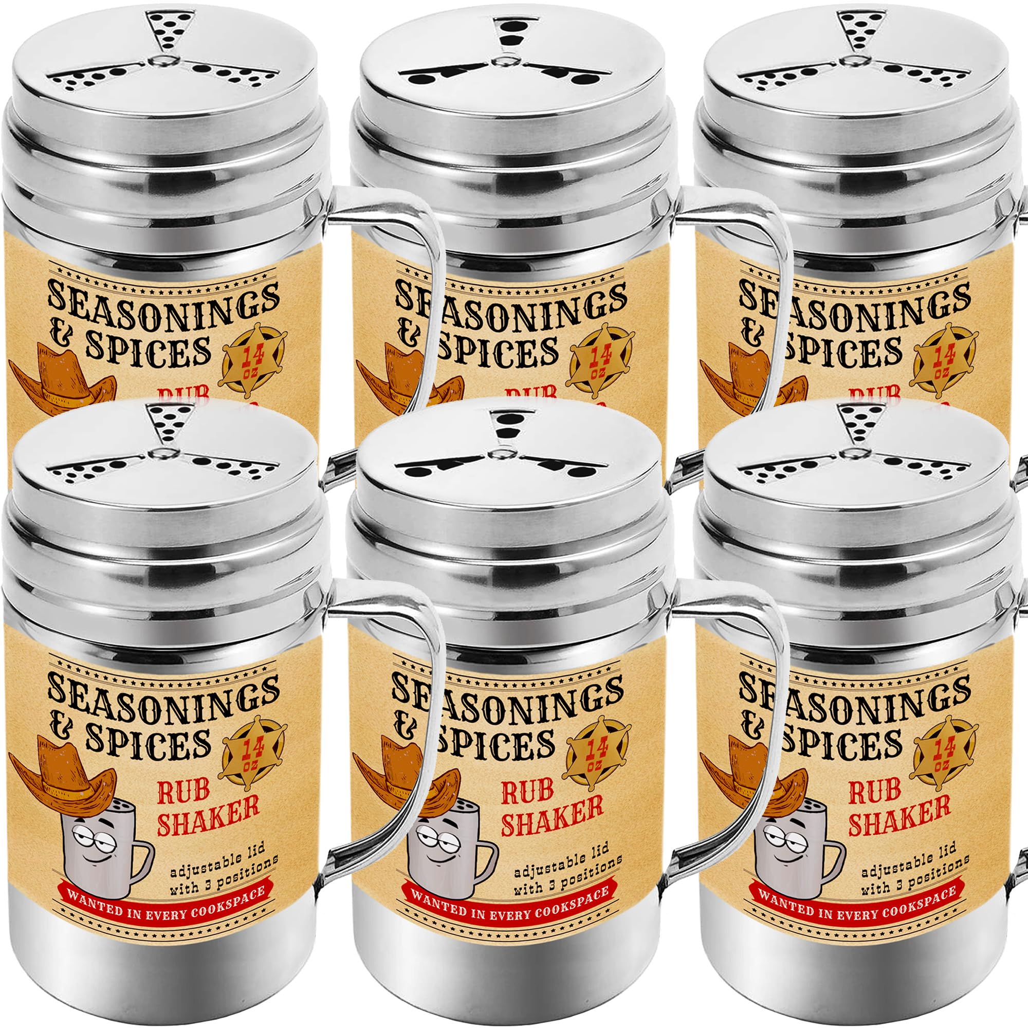 Coctelera de especias para condimentos de 14 onzas, coctelera para barbacoa (con tapa ajustable estilo abanico), paquete de 6