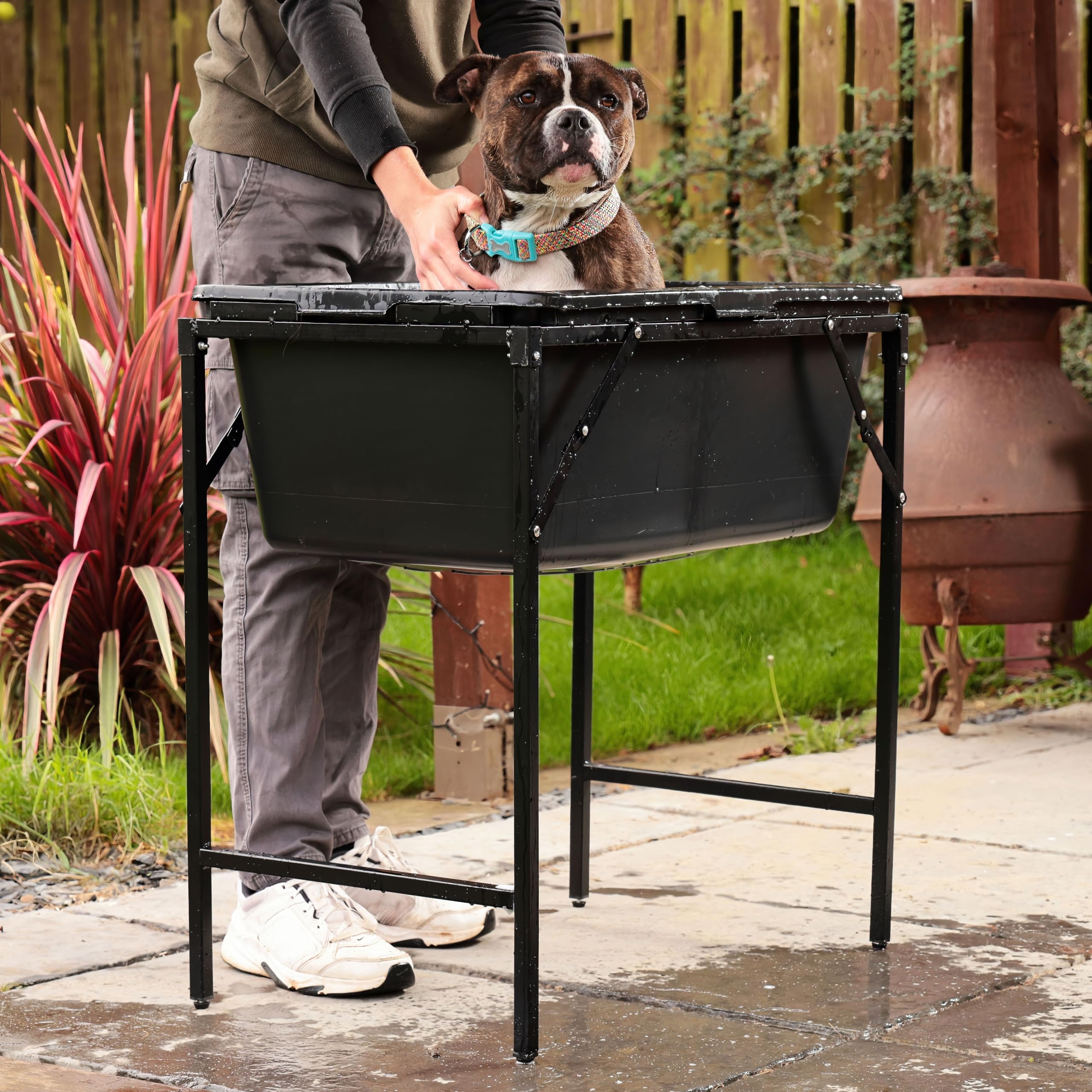 Vasca da bagno con supporto pieghevole in metallo, valvola di scarico per cani e gatti inclusa, portatile, piscina per animali domestici con rubinetto, piscina in plastica per cani, 4 misure