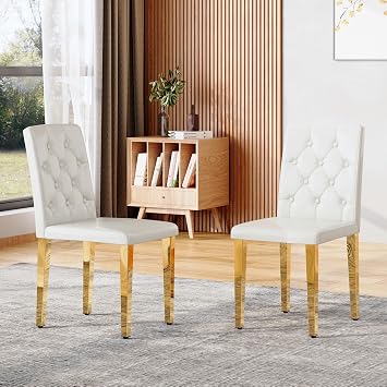 White Dining Chairs Set of 2, Faux Leather, Gold Metal Legs