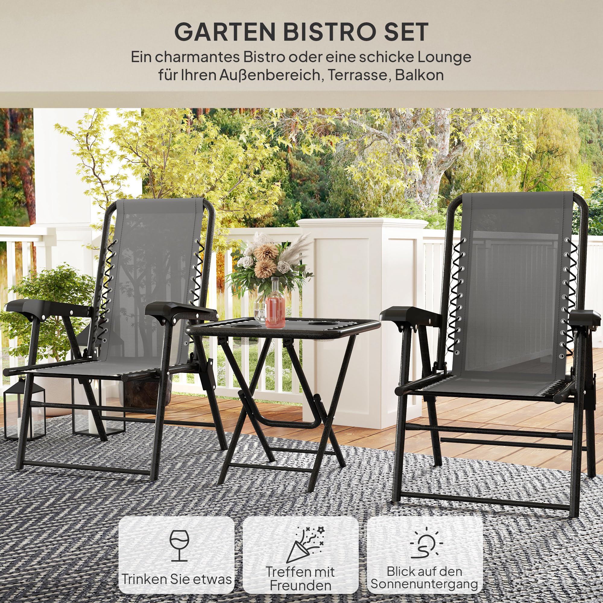 Outsunny Bistro Set 3-teilig Wetterfest Klappbar Balkonmöbel Dunkelgrau