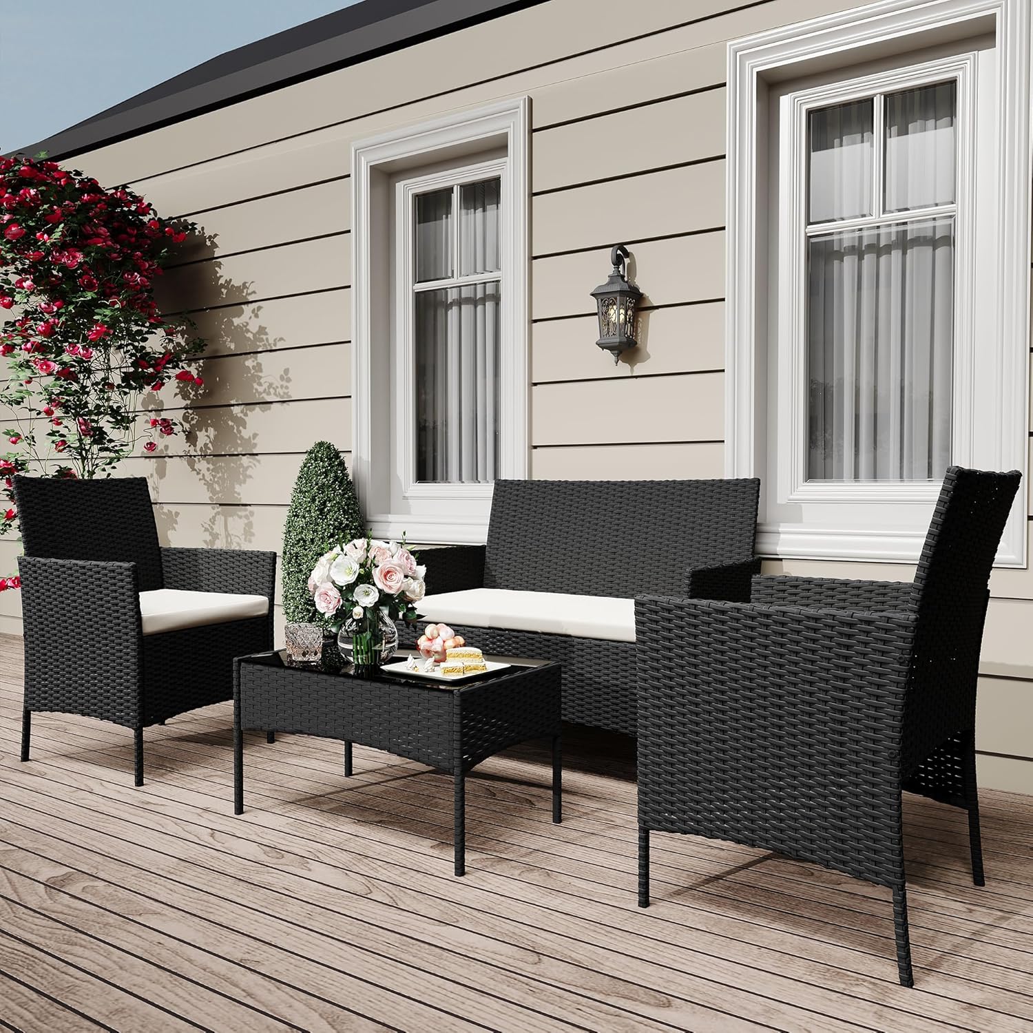 GarveeLife 4 Pieces Patio Furniture Set, Rattan Outdoor Furniture with Upholstered Sofa, 2 Chairs and Coffee Table, Conversation Bistro Set for Garden, Backyard, Porch, Black and Beige