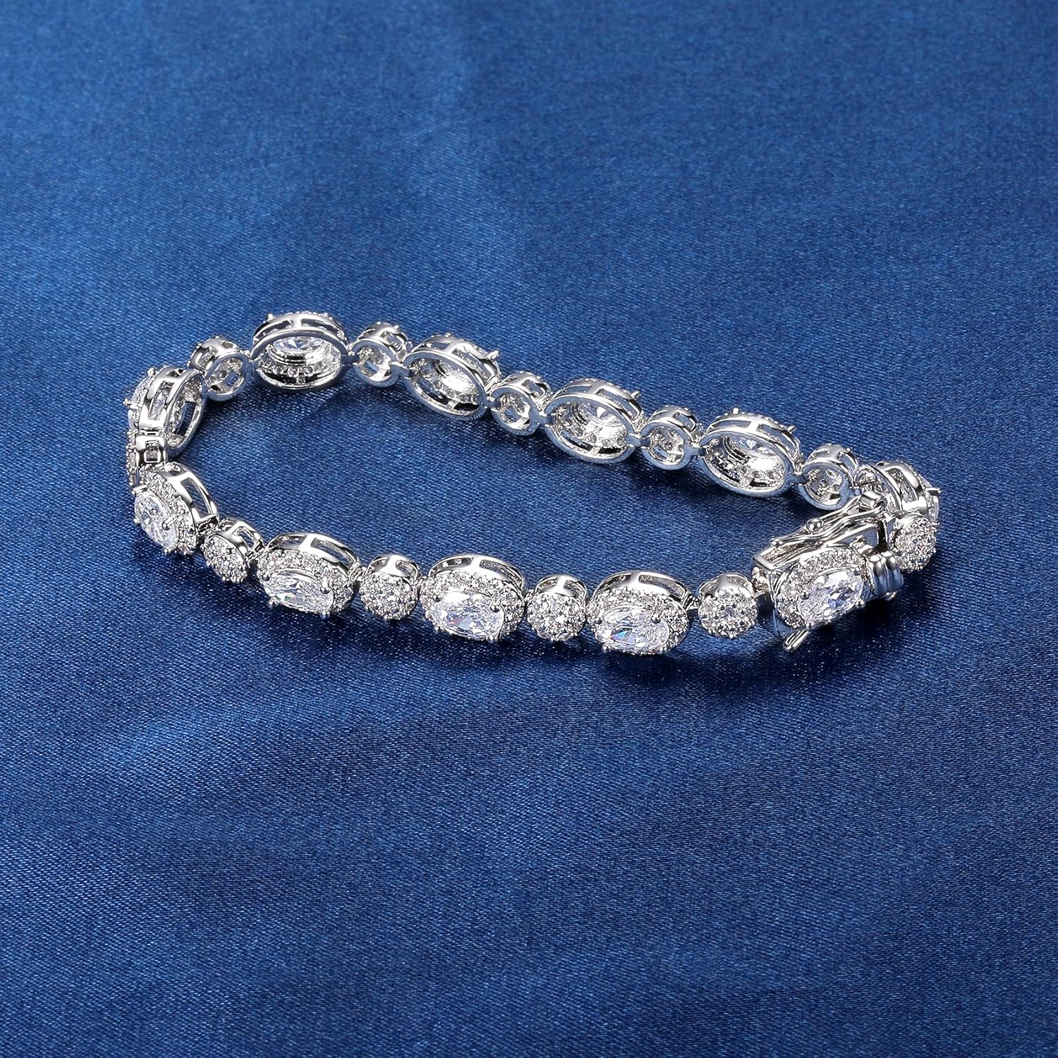 MDFUN Halo Tennis Bracelet for Women 18K White Gold Round and Oval Cubic Zirconias, Size 8 inches - Image 2