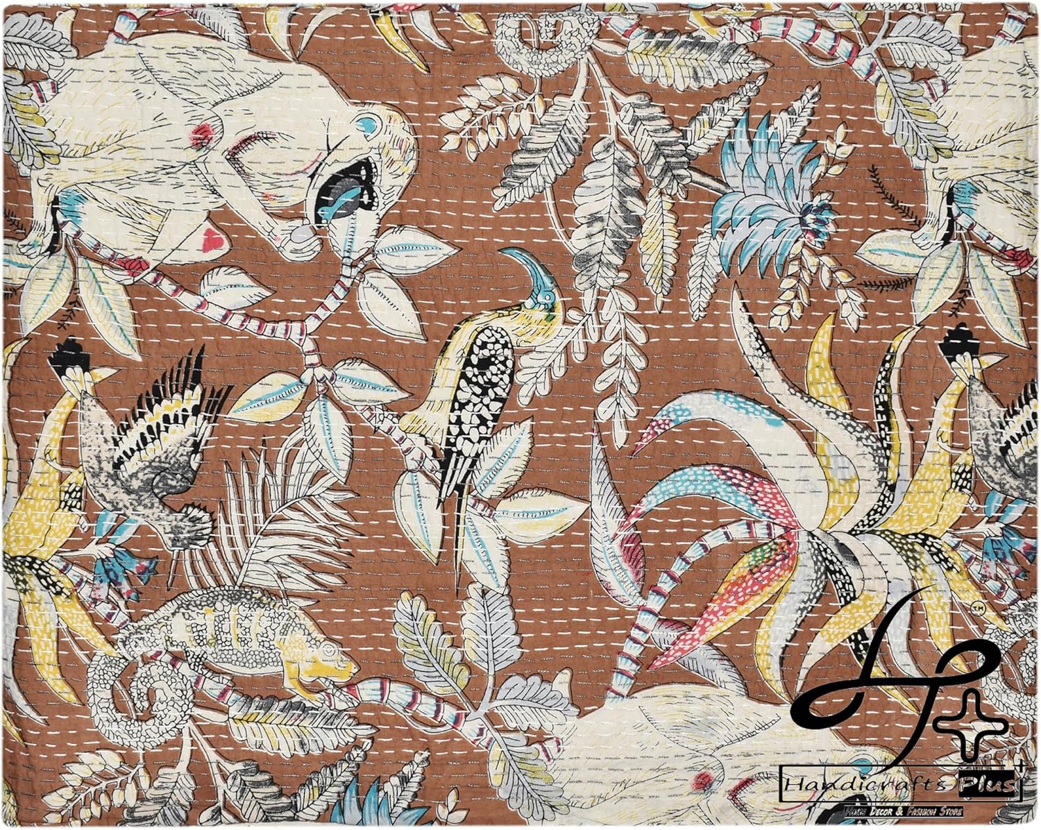 New Kantha Quilt Blankets Cotton Bedcover Multicolor Coverlets MonkeyPrint Gudari King Size Bedspread 90X108 New Bedsheet (Brown)