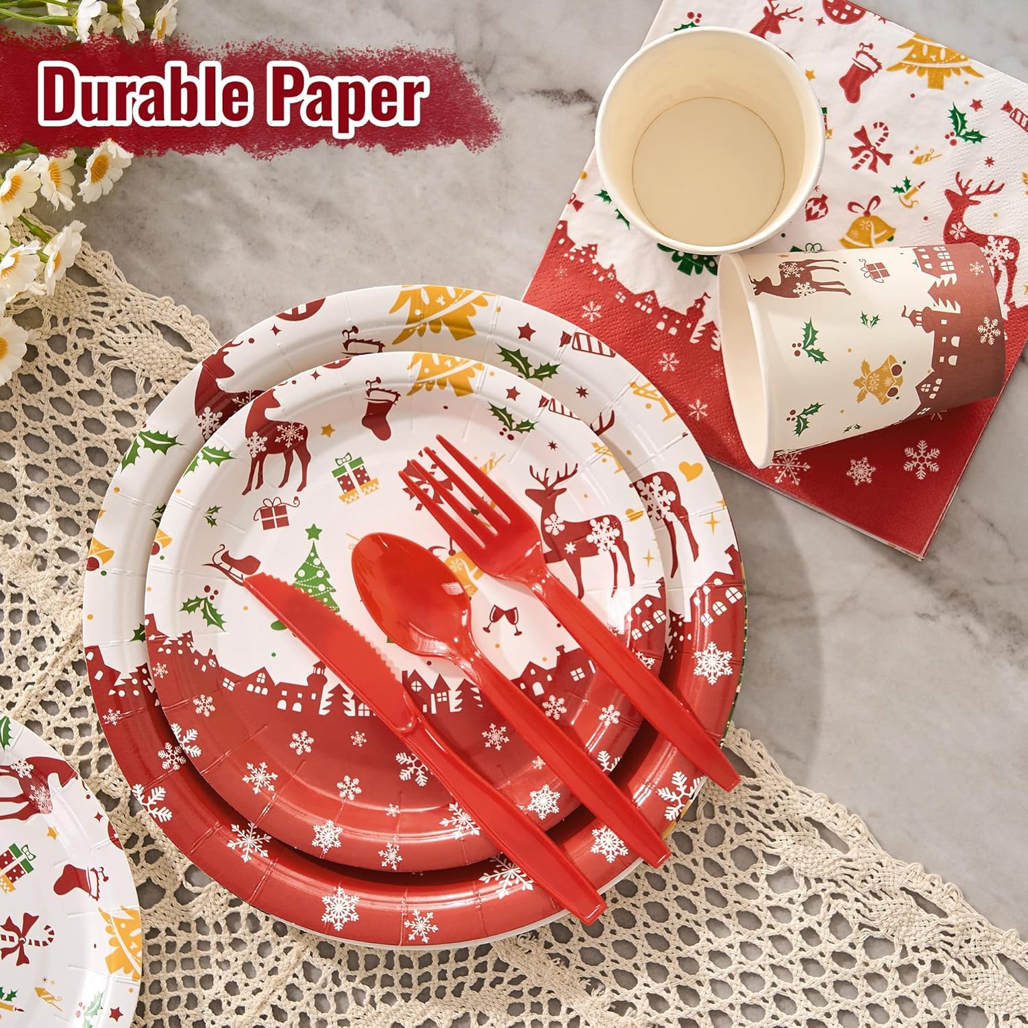 Christmas Paper Plates Set, 350 PCS Elk, Candy cane and Gifts Party Supplies, Disposable Dinnerware Set for 50 Guests, Paper Plates Napkins Cups for Christmas Eve