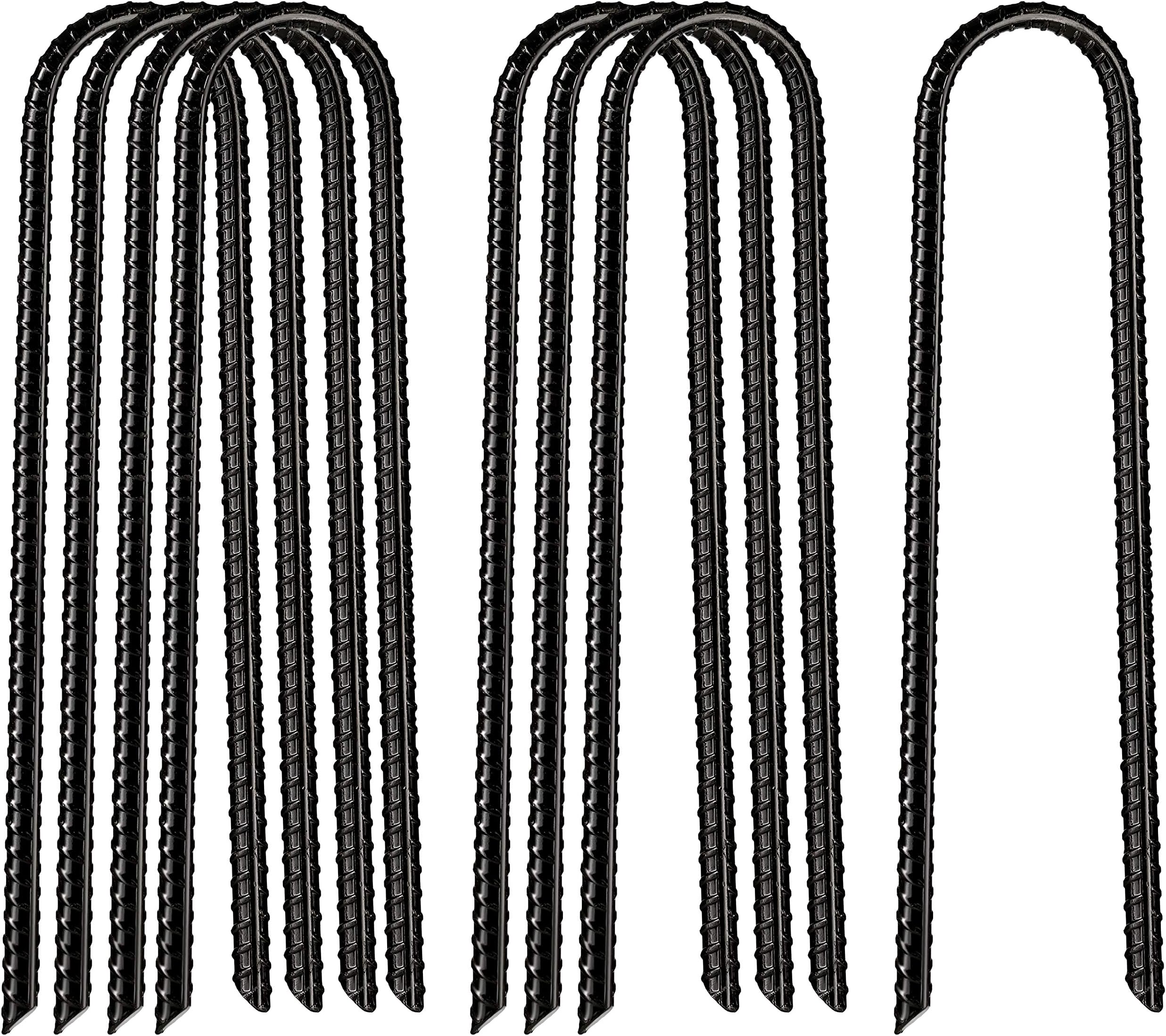 VASGOR 12โ x 2โ Trampolines Wind Stakes Black Powder Coated Rebar Steel - Heavy Duty U Shape Ground Anchors for Camping Tent - Garden Staples โ Trampoline Pins - Sharp End (8)