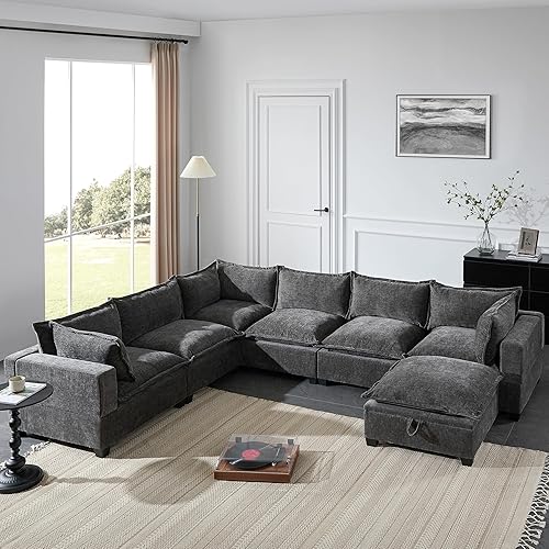 Merax Modern Oversized U-Shaped Sectional Sofa with Piollows & Chaise Lounge, Chenille 7-Seat Couch Set Sleeper Bed with Storage Ottoman for Living Room Gray