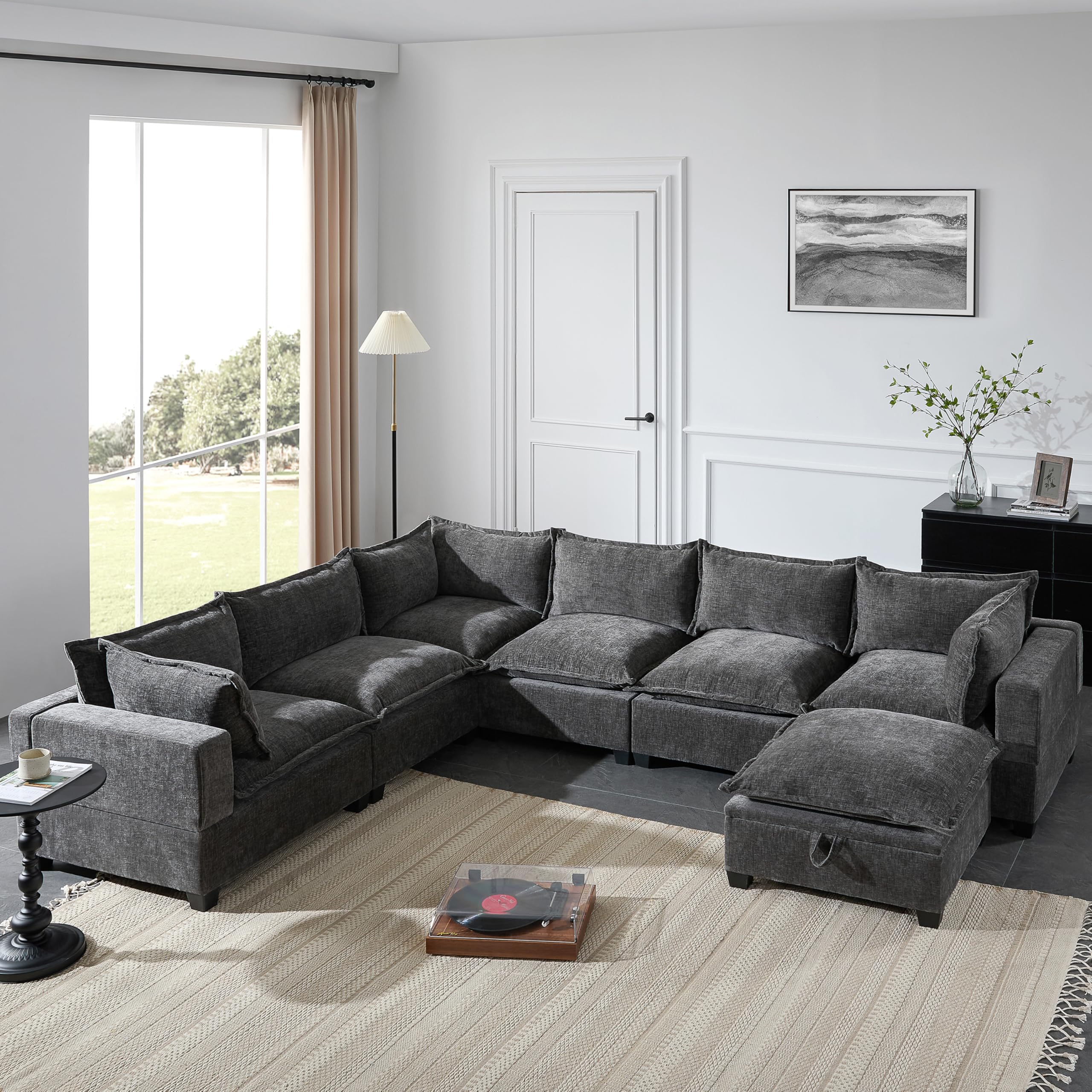 Merax Modern Oversized U-Shaped Sectional Sofa with Piollows & Chaise Lounge, Chenille 7-Seat Couch Set Sleeper Bed with Storage Ottoman for Living