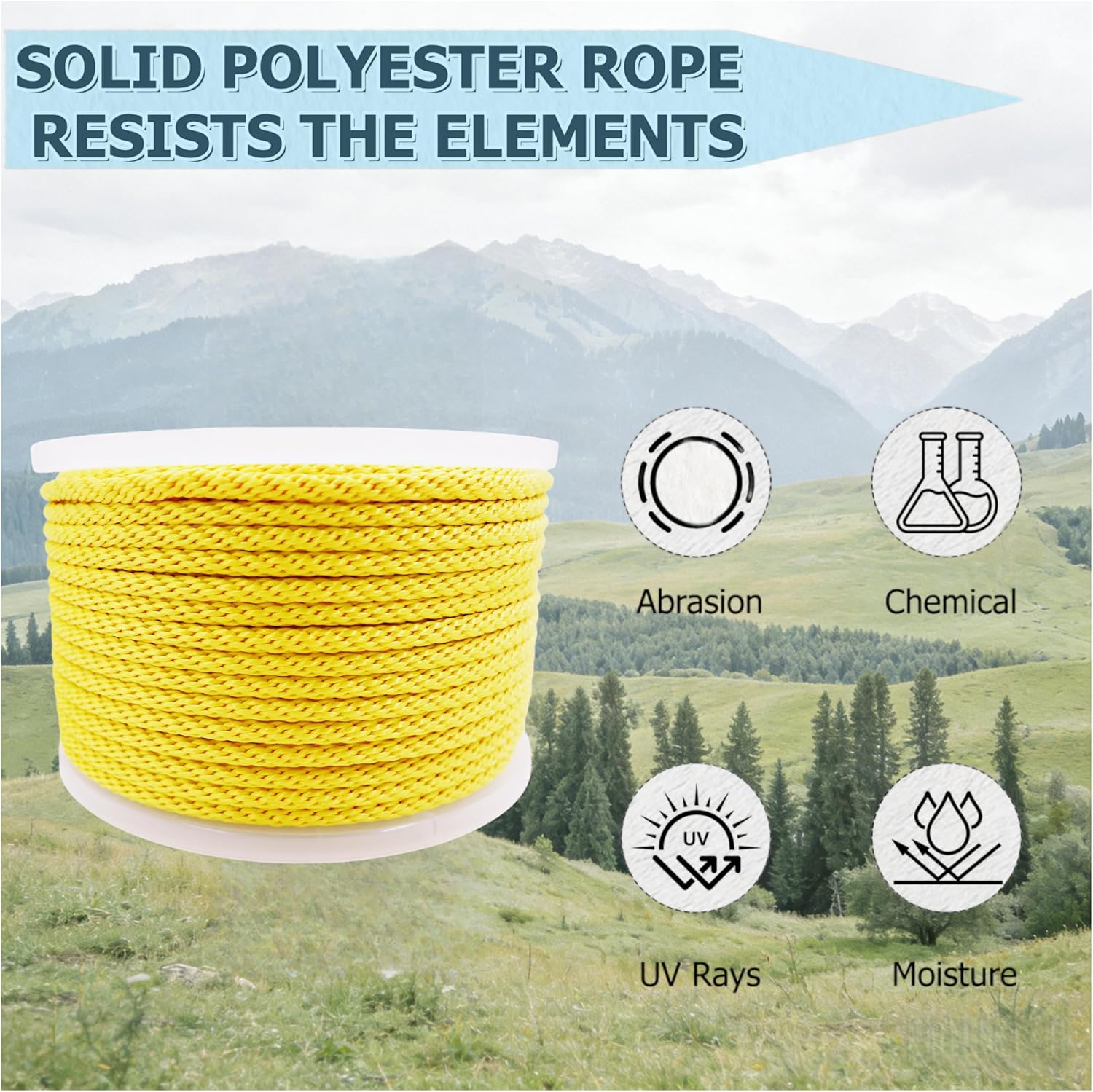 3/8 Inch 150FT Yellow Solid Braid Rope Polyester Rope High UV and Abrasion Resistance, Multi-Purpose for Outdoor Heavy Duty for Camping
