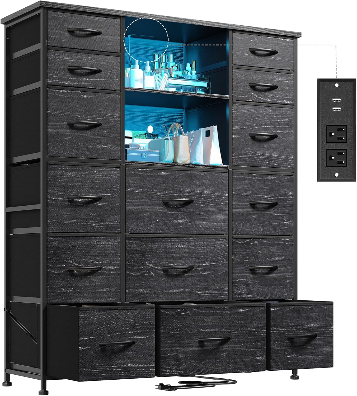 EnHomee 51" 15-Drawer Bedroom Dresser with Charging Station, LED Lights, 2 Hutches - Sturdy Steel Frame, Black Wood Top