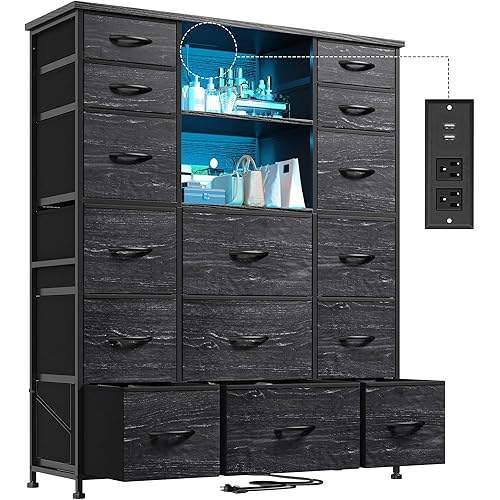 EnHomee 51" H Dresser with 15 Drawers Dresser for Bedroom with Charging Station & LED Lights & Hutch Sturdy Black Bedroom Dressers, Steel Frame, Wood Top, 51.2" H x 39.3" W x 11.8" D