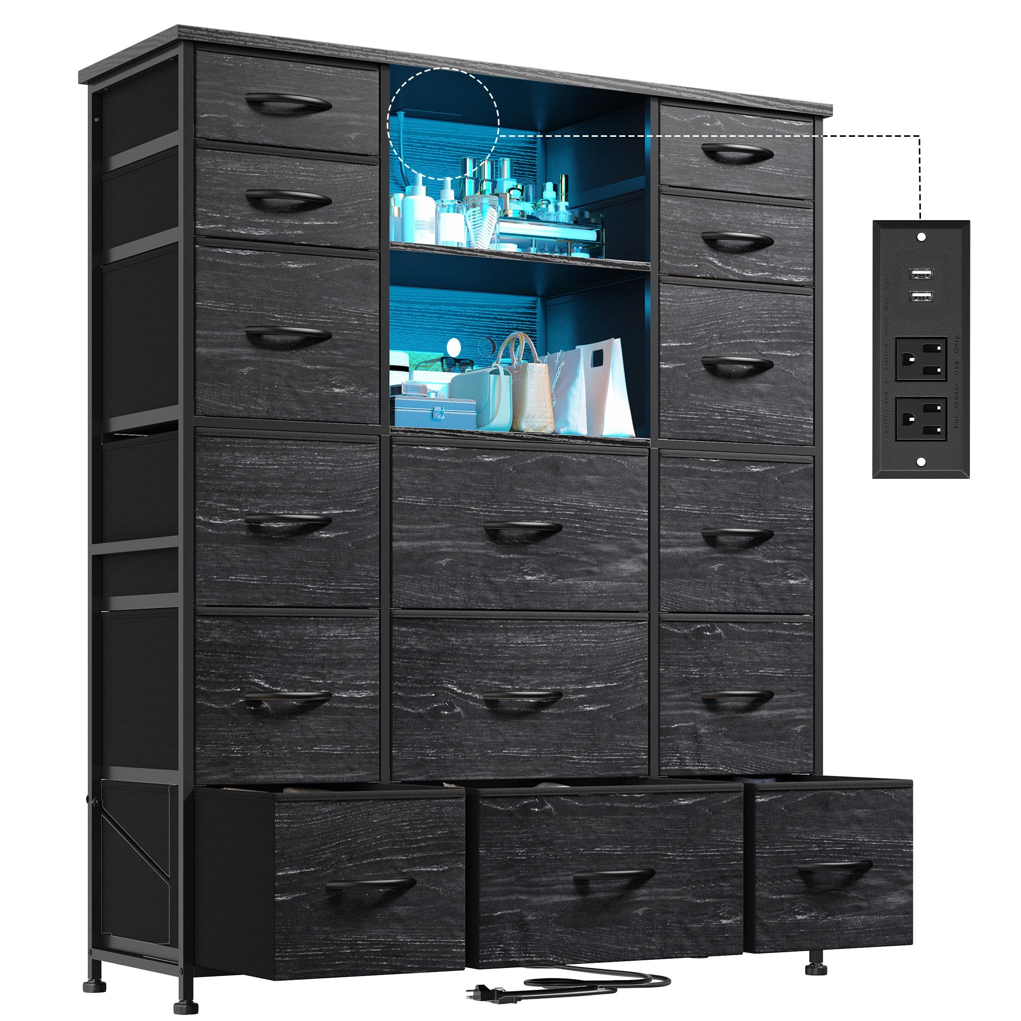51" H Dresser with 15 Drawers Dresser for Bedroom with Charging Station & LED Lights & Hutch Sturdy Black Bedroom Dressers, Steel Frame, Wood Top, 51.2" H x 39.3" W x 11.8" D