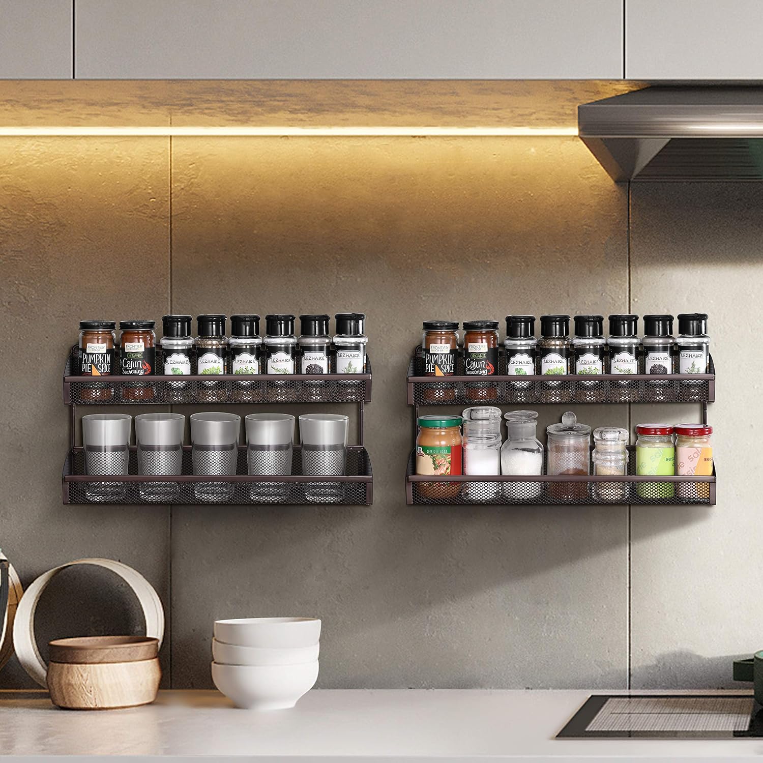 Simple Trending 2 Pack 2 Tier Spice Rack Organizer, Wall Mounted Spice Shelf Storage Holder for Kitchen Cabinet Pantry Door, Bronze