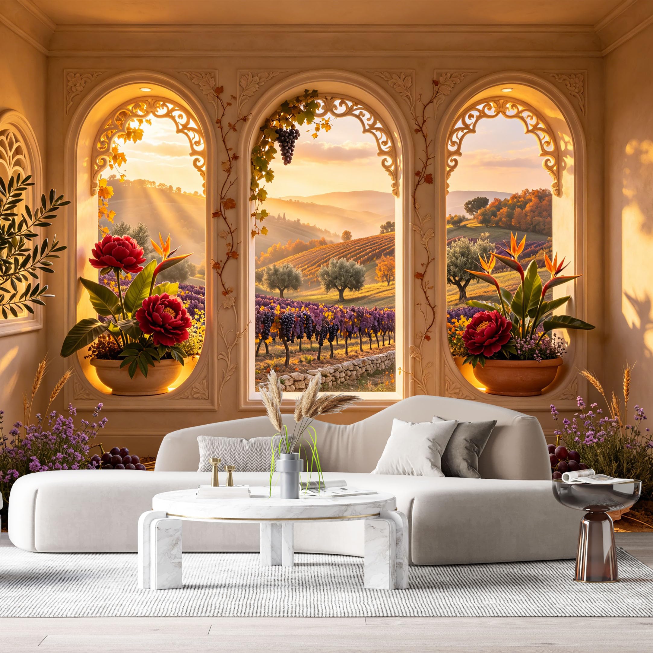Custom Size Wall Murals Tuscan Vineyard Landscape 3D Trompe L'Oeil Flowers Fruit SelfAdhesive Wall Fabric Removable Large Wallpaper for Photo Living Room