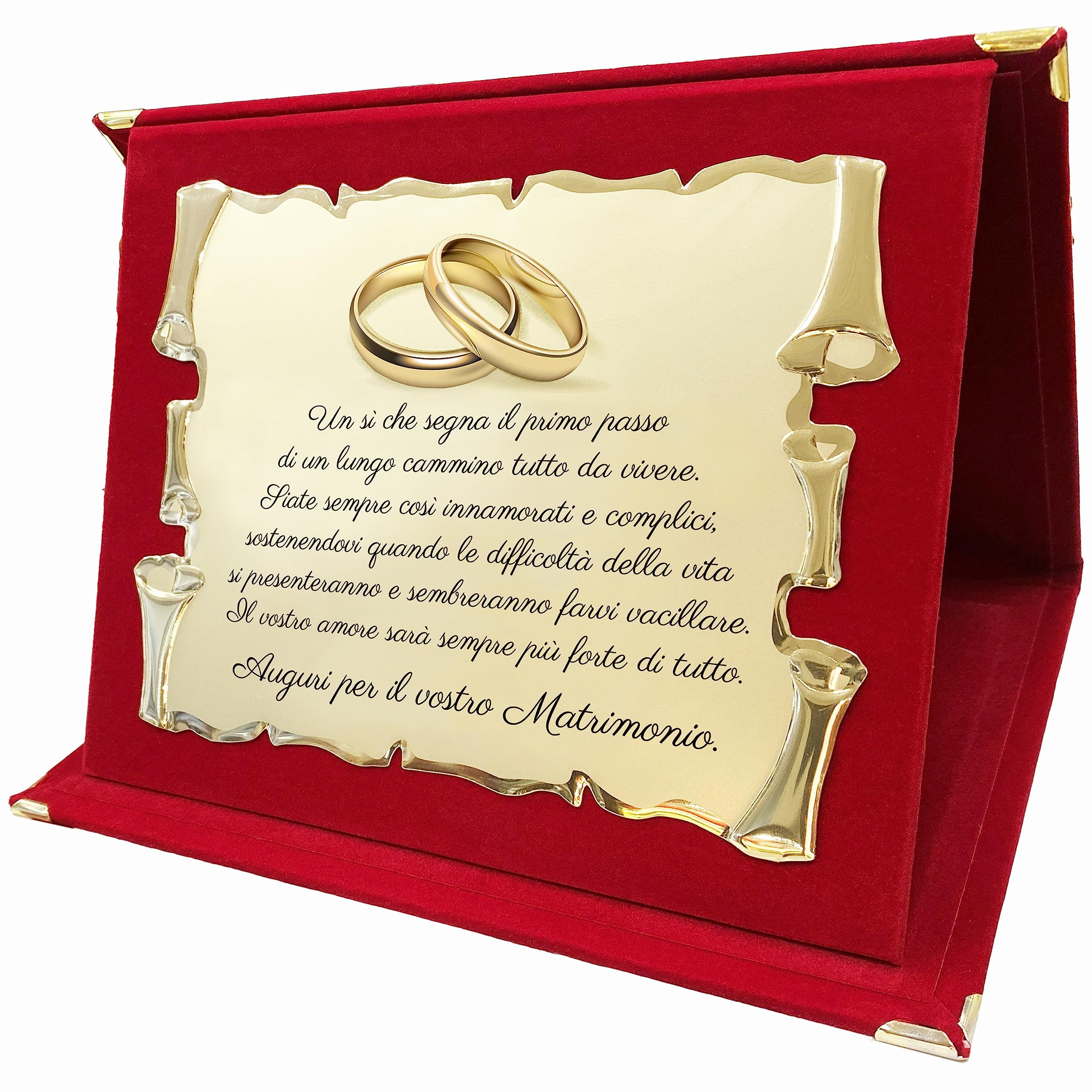 Regalo Matrimonio | Targa per Matrimonio | Pergamena Dorata in Alluminio su Cofanetto Velluto Rosso | Regalo Sposi