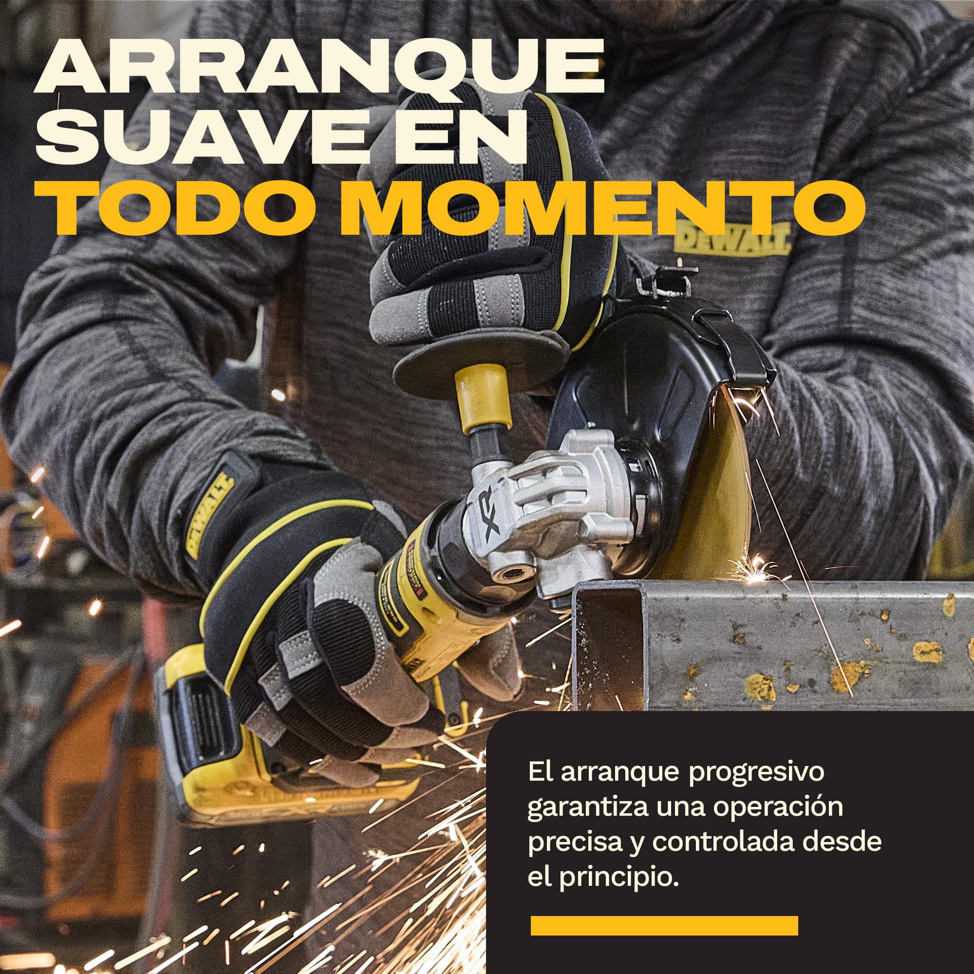 DEWALT Amoladora angular compacta Brushless 125mm 18V XR, DCG404N-XJ | Amoladora angular compacta 125mm 18V XR brushless con freno electrónico, embrague y arranque suave para seguridad.
