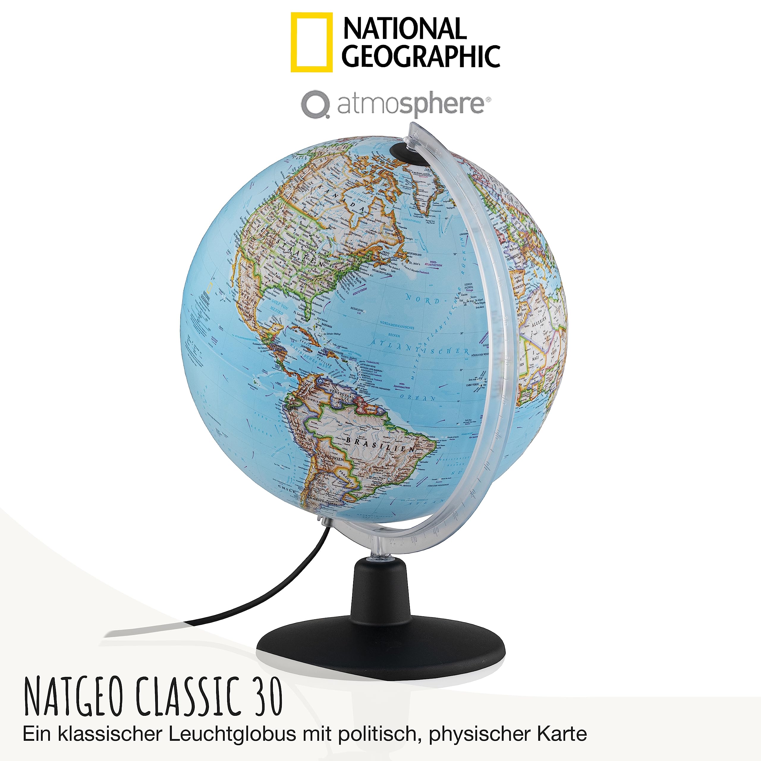 National Geographic NATGEO Classic Leuchtglobus - 30 cm Globus mit politisch-physischer Kartografie in deutscher Sprache, beleuchtet und mit drehbaren Kunststofffuß