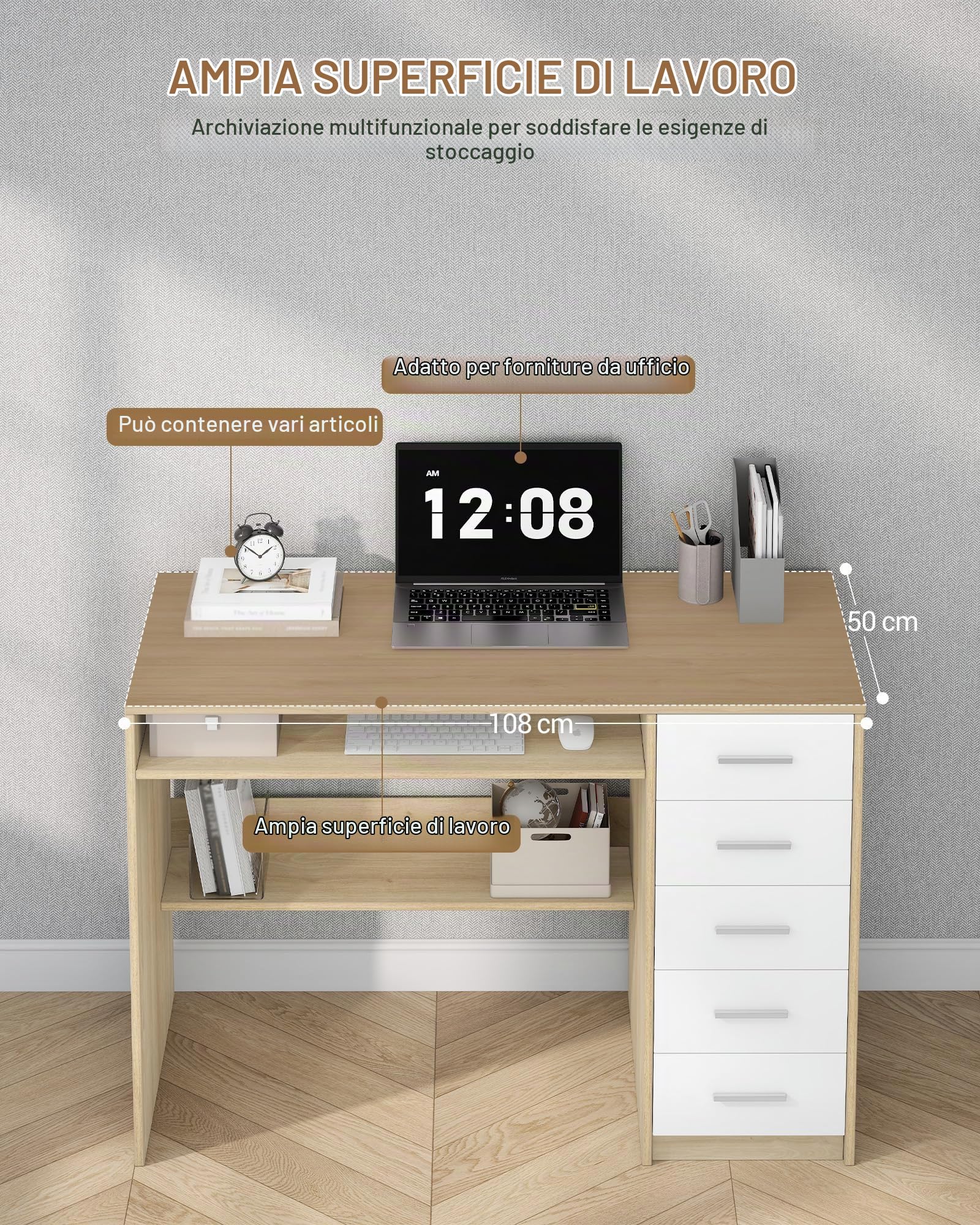 Hzuaneri Scrivania per Computer con 5 Cassetti, Scrivania Ufficio, Tavolo Moderno con Ripiano, per Studio, Ufficio, Camera da Letto, 50 x 108 x 75 cm, Quercia e Bianco CD10531X