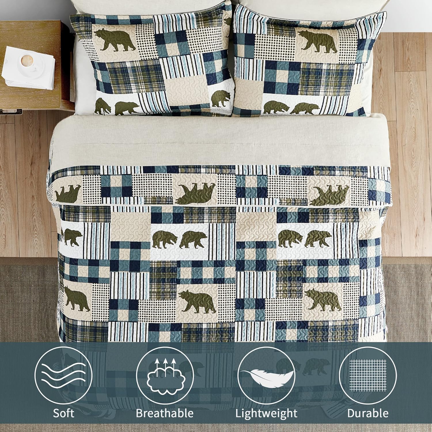 Cabin Quilt Sets Queen, Christmas Patchwork Rustic Lodge Deer Quilt Bedding Set, All Season Lightweight Reversible Bedspread Coverlet with 2 Pillow Shams (Green) - Image 6