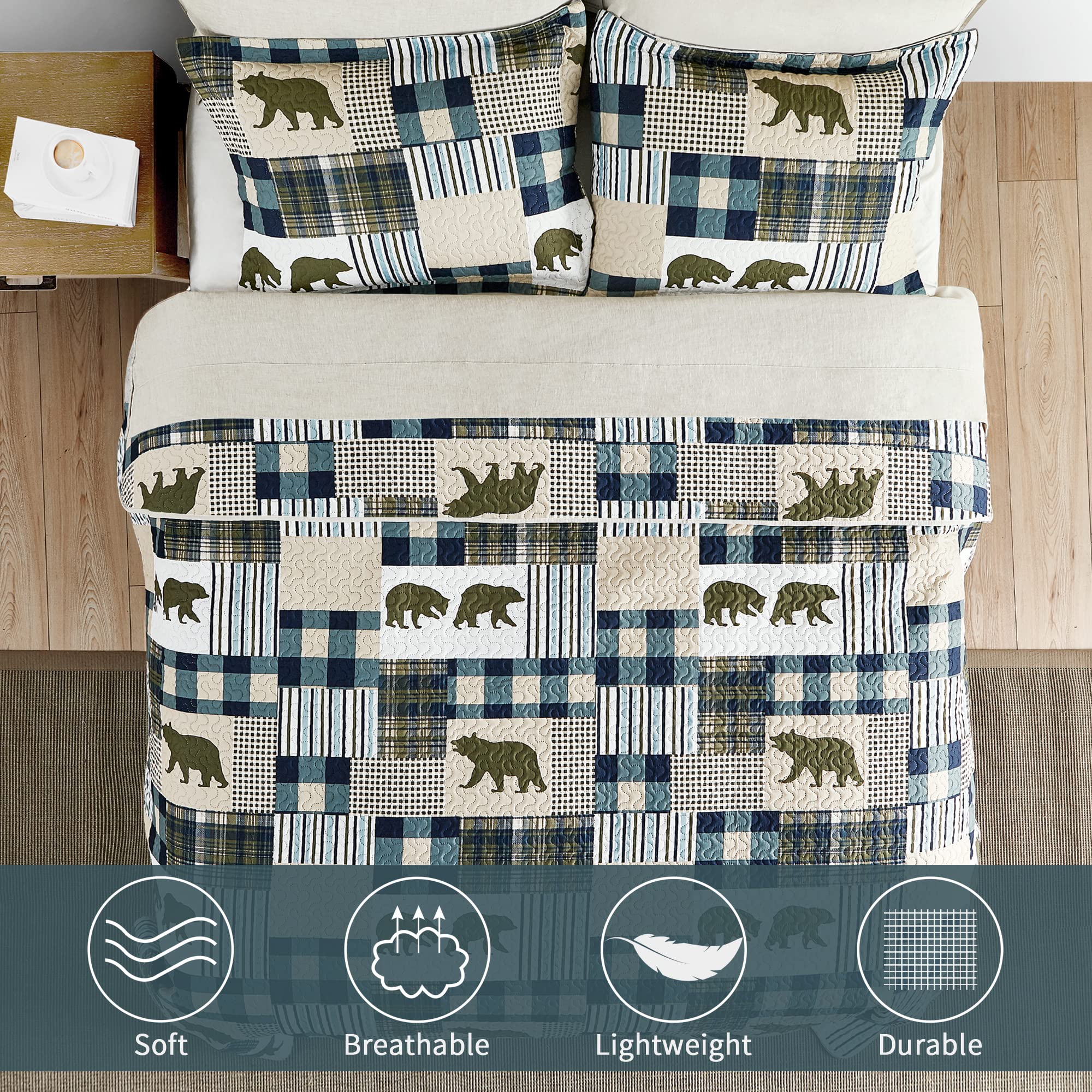 Juego de edredón Queen, Patchwork rústico Lodge Deer, Juego de Ropa de Cama para Todas Las Estaciones, Colcha Reversible Ligera con 2 Fundas de Almohada (Queen)