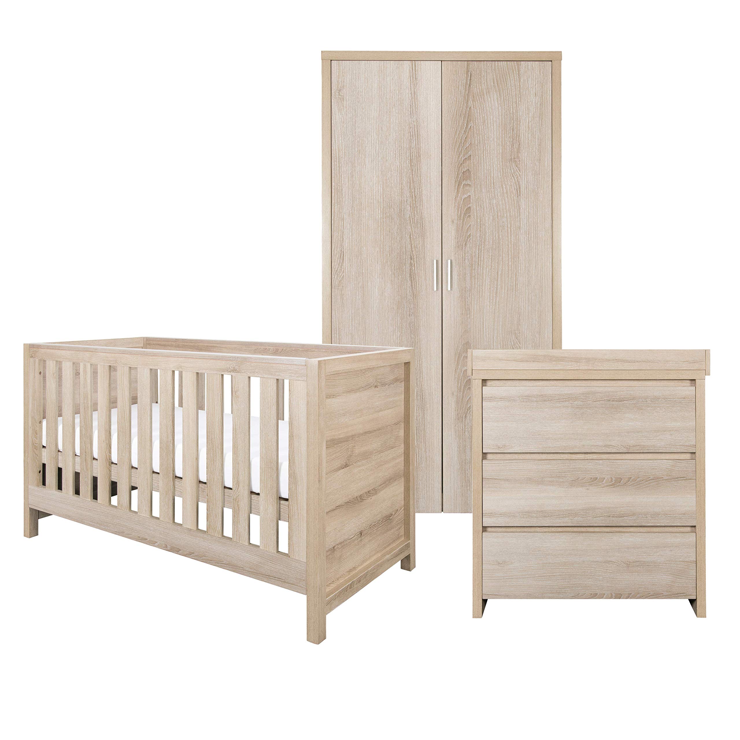 Tutti BambiniModena Nursery Furniture Set (3 Piece) | Convertible Baby Cot Bed, Chest of Drawers Changer and Wardrobe Set | Solid Wood Furniture (Oak)