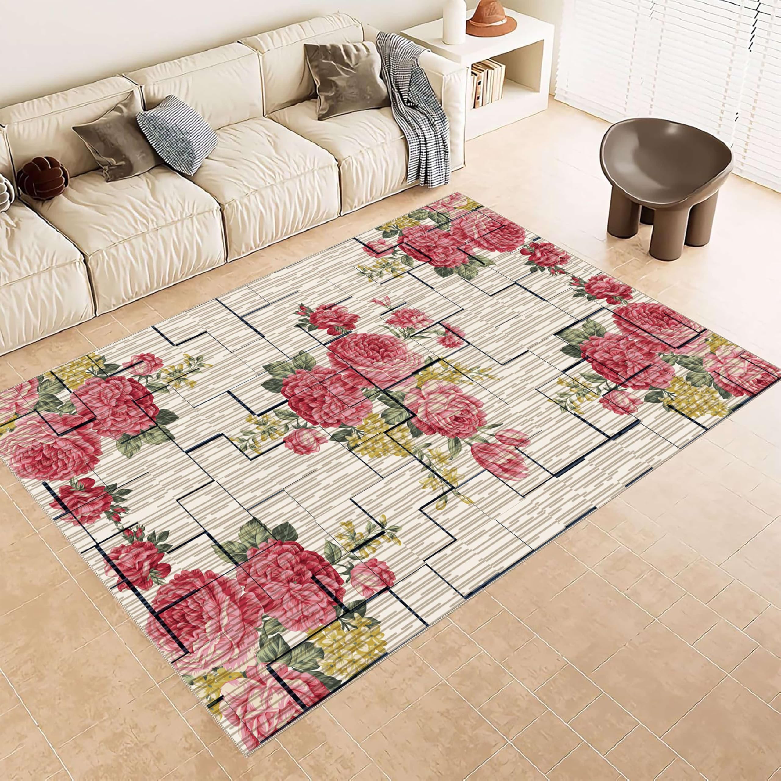 ZCLRUG Vintage Floral Area Rug, 160 x 230 cm Soft Non Slip Pink Rose peony Small yellow flowers Leaf Rug, Washable Easy Care Non-Shedding geometric Off-white Carpet for Bedroom Entryway Floor mat โ image 1