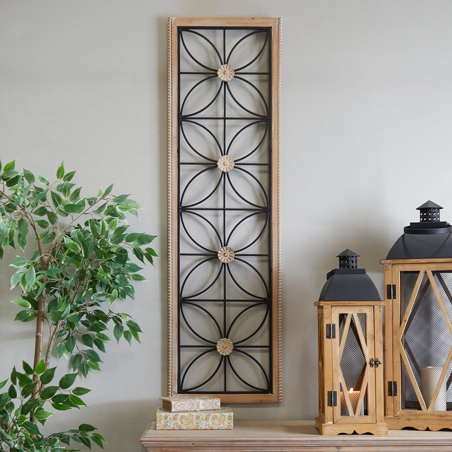 Deco 79 Metal Floral Home Wall Decor Wall Sculpture with Brown Frame, Wall Art 15" x 1" x 50", Black