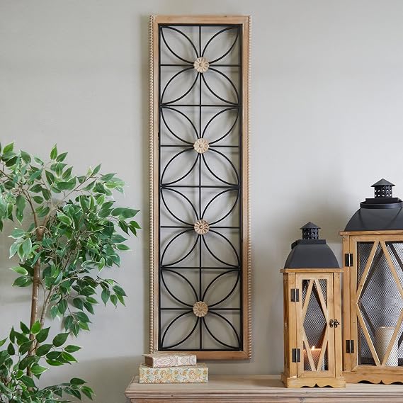 Deco 79 Metal Floral Home Wall Decor Wall Sculpture with Brown Frame, Wall Art 15 x 1 x 50, Black