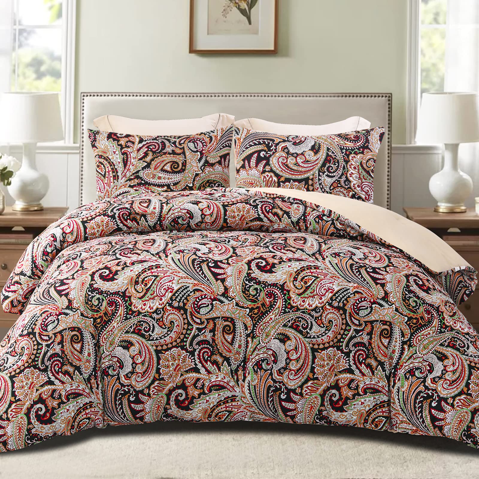 Exclusivo Mezcla Coverless Duvet Set with 2 Pillowcases, 7.5 Tog Double Size Reversible Duvet All Seasons with Paisley Pattern, Lightweight and Warm, Black and Camel