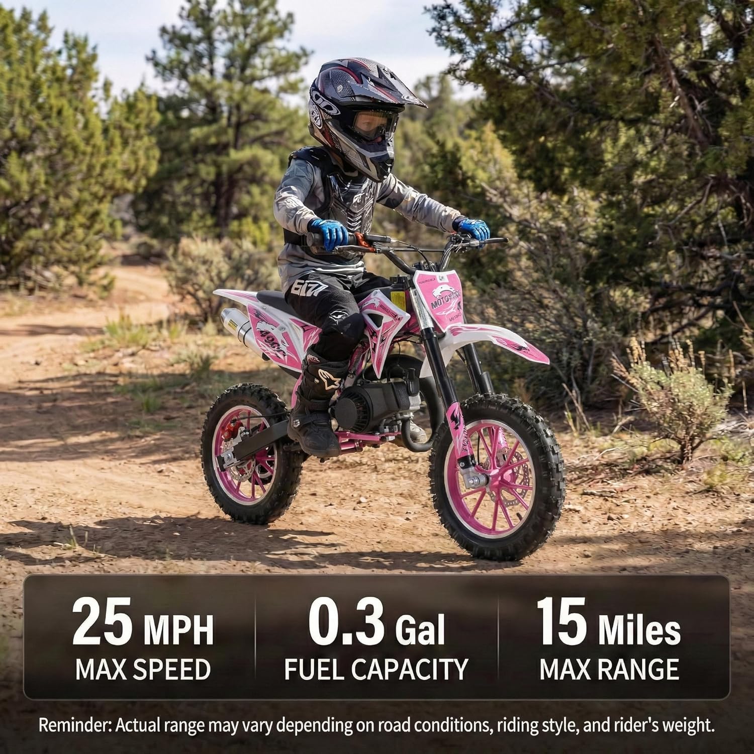 50cc 2-Stroke Kids Dirt Bike, Gas Powered Mini Pit Bike for Youth Riders, Pull-Start Pocket Motorcycle with Front & Rear Disc Brakes, 10-Inch Tires, Up to 25 MPH Pink