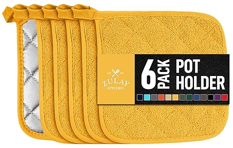 Zulay 6-Pack Pot Holders for Kitchen Heat Resistant Cotton - 7x7 Inch Hot Pot Holder Set - Quilted Terry Cloth Potholders for Kitchens - Washable Potholder for Cooking & Baking (Sunny Yellow)
