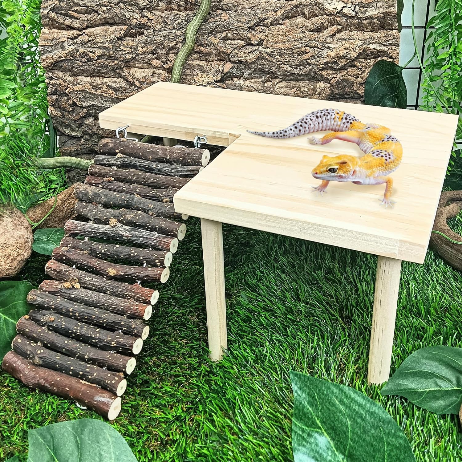 BNOSDM Wooden Basking Platform with Climbing Ramp Reptiles Hideout Bearded Dragon Hide Cave Reptile Tank Accessories Suit for Tortoise, Lizard, Toad, Gecko (L-Shaped)