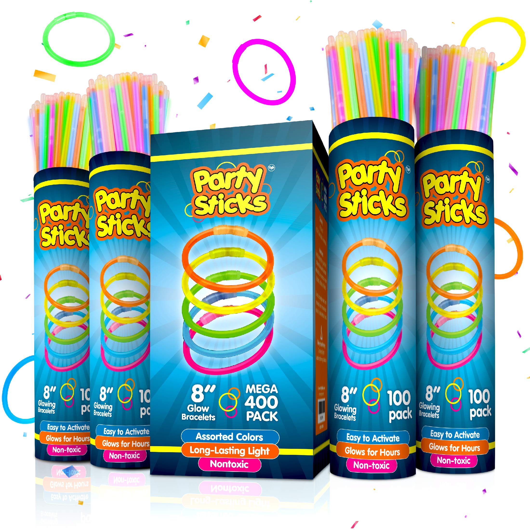 PartySticks Glow Sticks Bulk Party Favors 400pk - 8” Glow in The Dark Party Supplies, Light Sticks Neon Party Glow Necklaces and Bracelets for Kids or Teens